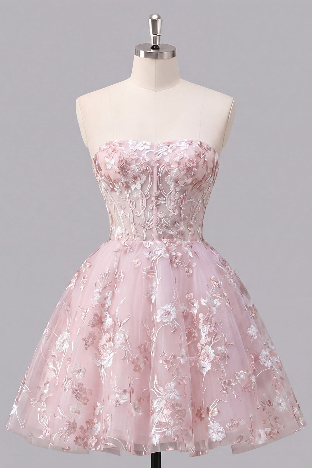 Corset Pink Floral Strapless A Line Short Homecoming Dress