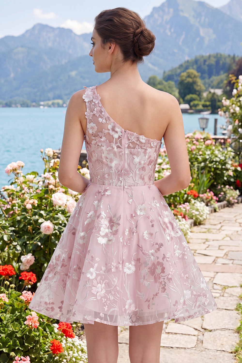 One Shoulder Floral A Line Pink Corset Short Homecoming Dress