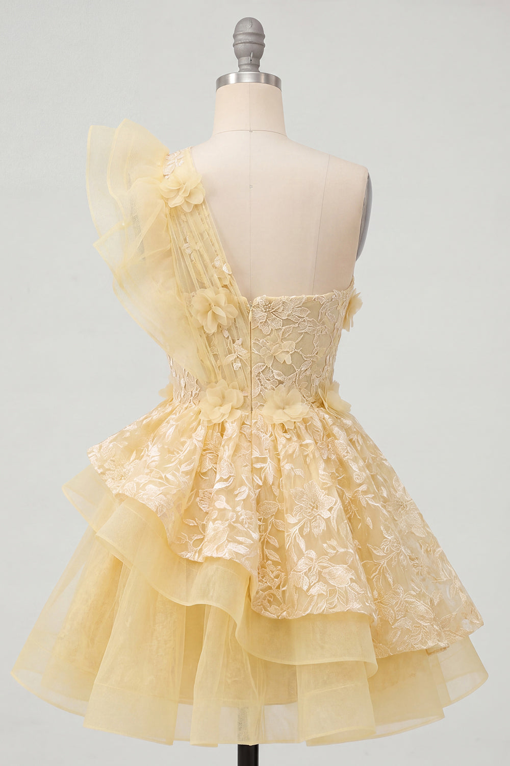 A Line Butter Yellow Ruffled One Shoulder Short Homecoming Dress with Appliques
