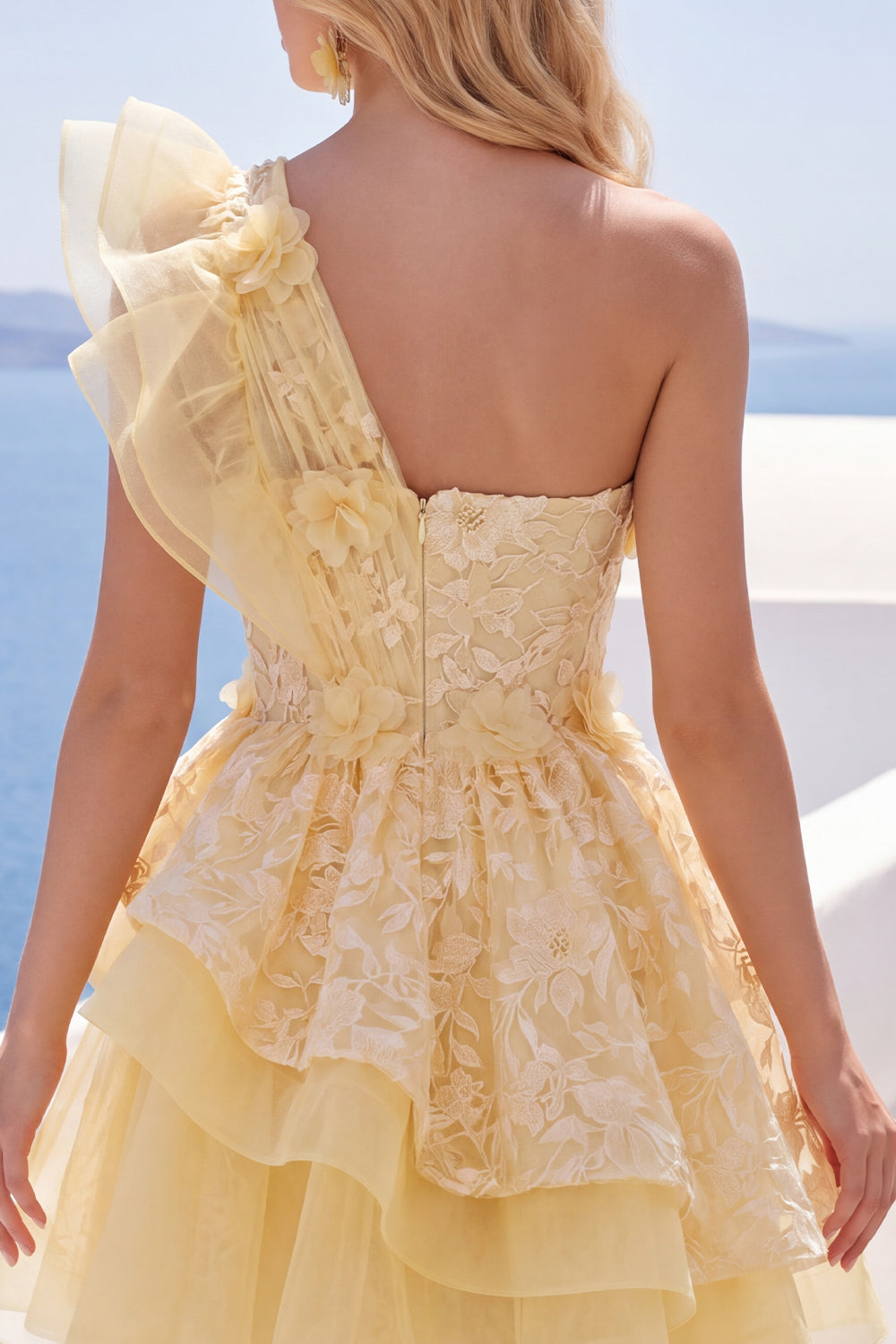 A Line Butter Yellow Ruffled One Shoulder Short Homecoming Dress with Appliques