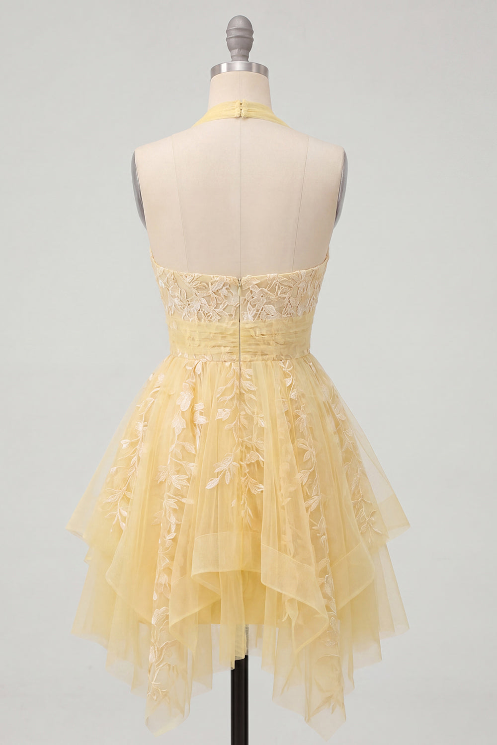 Halter Ruffled A Line Butter Yellow Appliqued Short Homecoming Dress