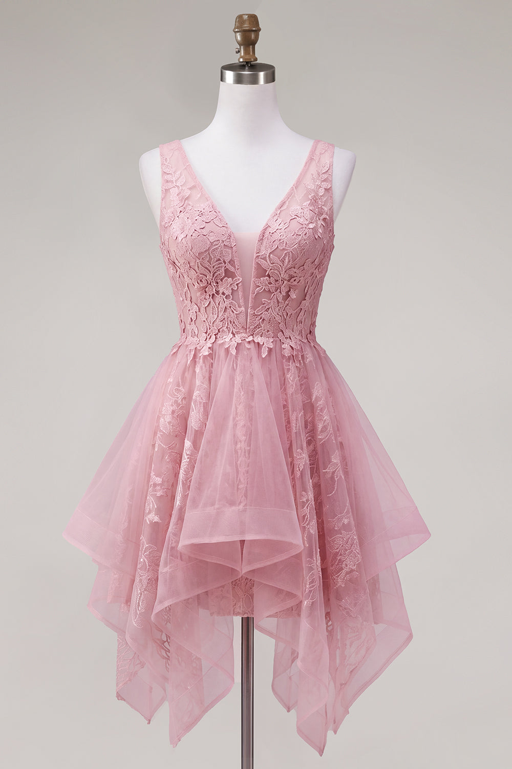 V-Neck A Line Pink Lace Appliqued Short Homecoming Dress