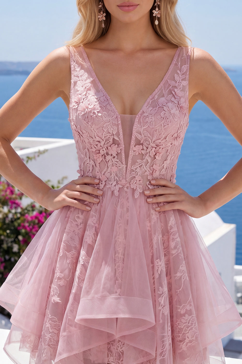 V-Neck A Line Pink Lace Appliqued Short Homecoming Dress