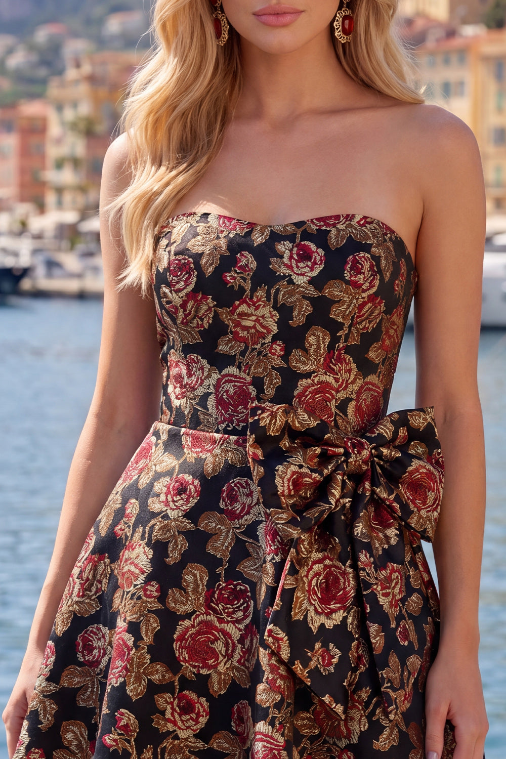 Fuchsia A Line Strapless Floral Mini Homecoming Dress with Bow
