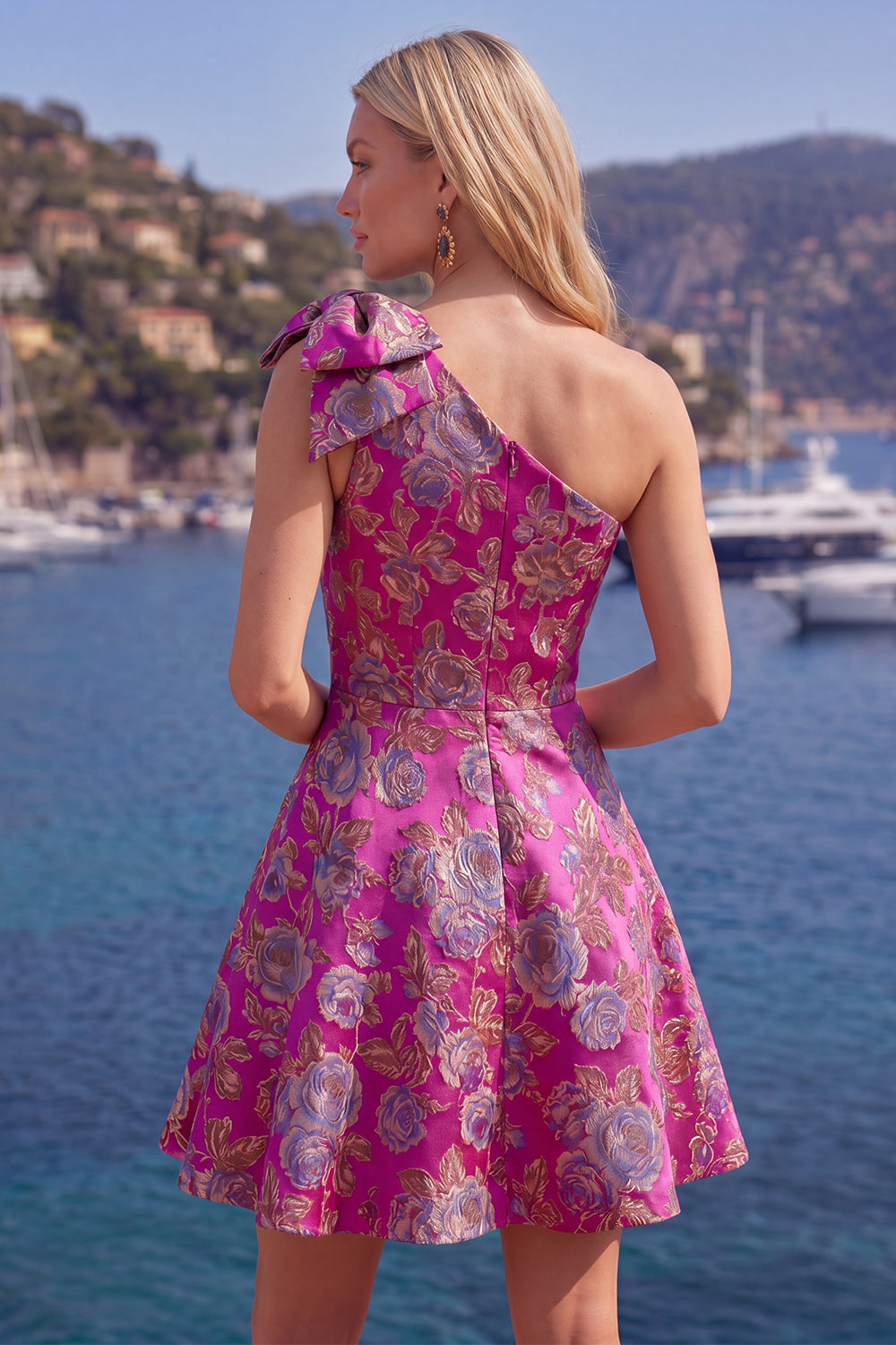 Red One Shoulder A Line Floral Short Homecoming Dress with Bow