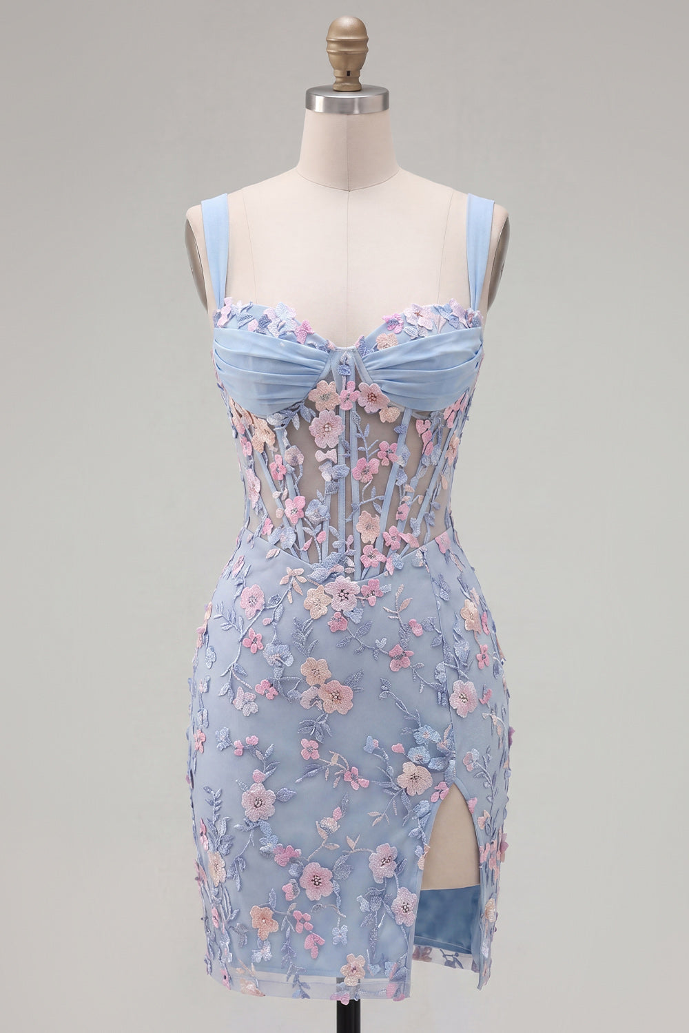 Floral Pink Bodycon Thick Straps Corset Short Homecoming Dress with Slit