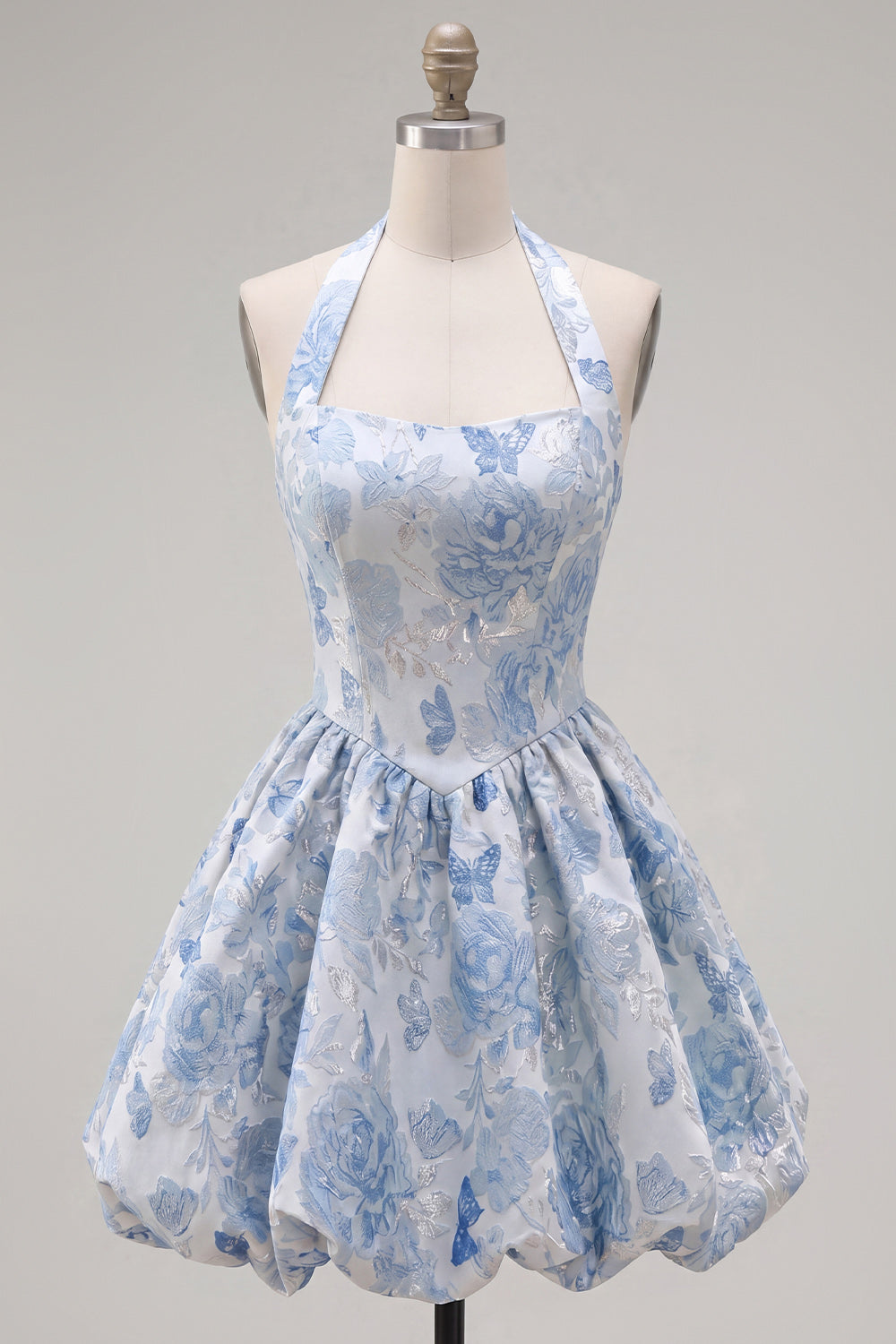 Fuchsia A Line Halter Jacquard Floral Mini Homecoming Dress