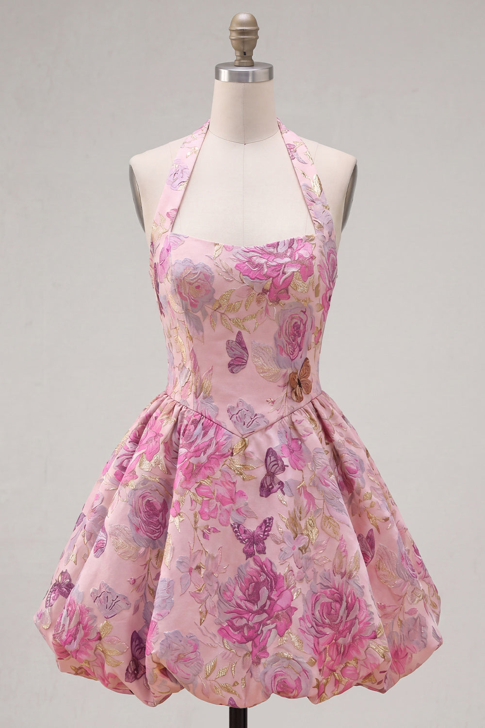 Fuchsia A Line Halter Jacquard Floral Mini Homecoming Dress