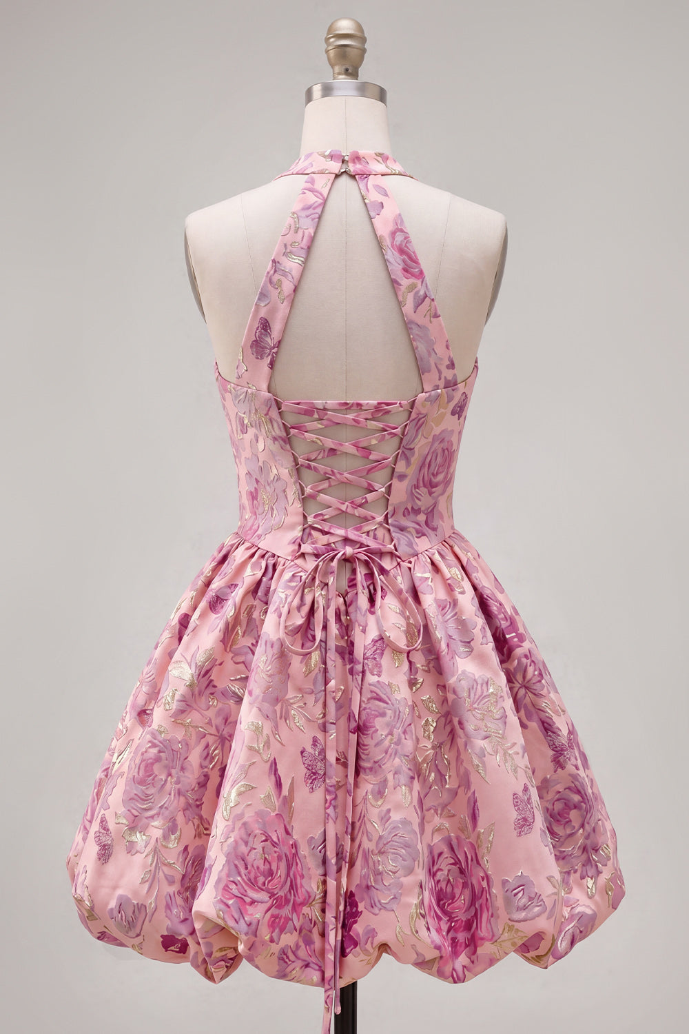 Fuchsia A Line Halter Jacquard Floral Mini Homecoming Dress