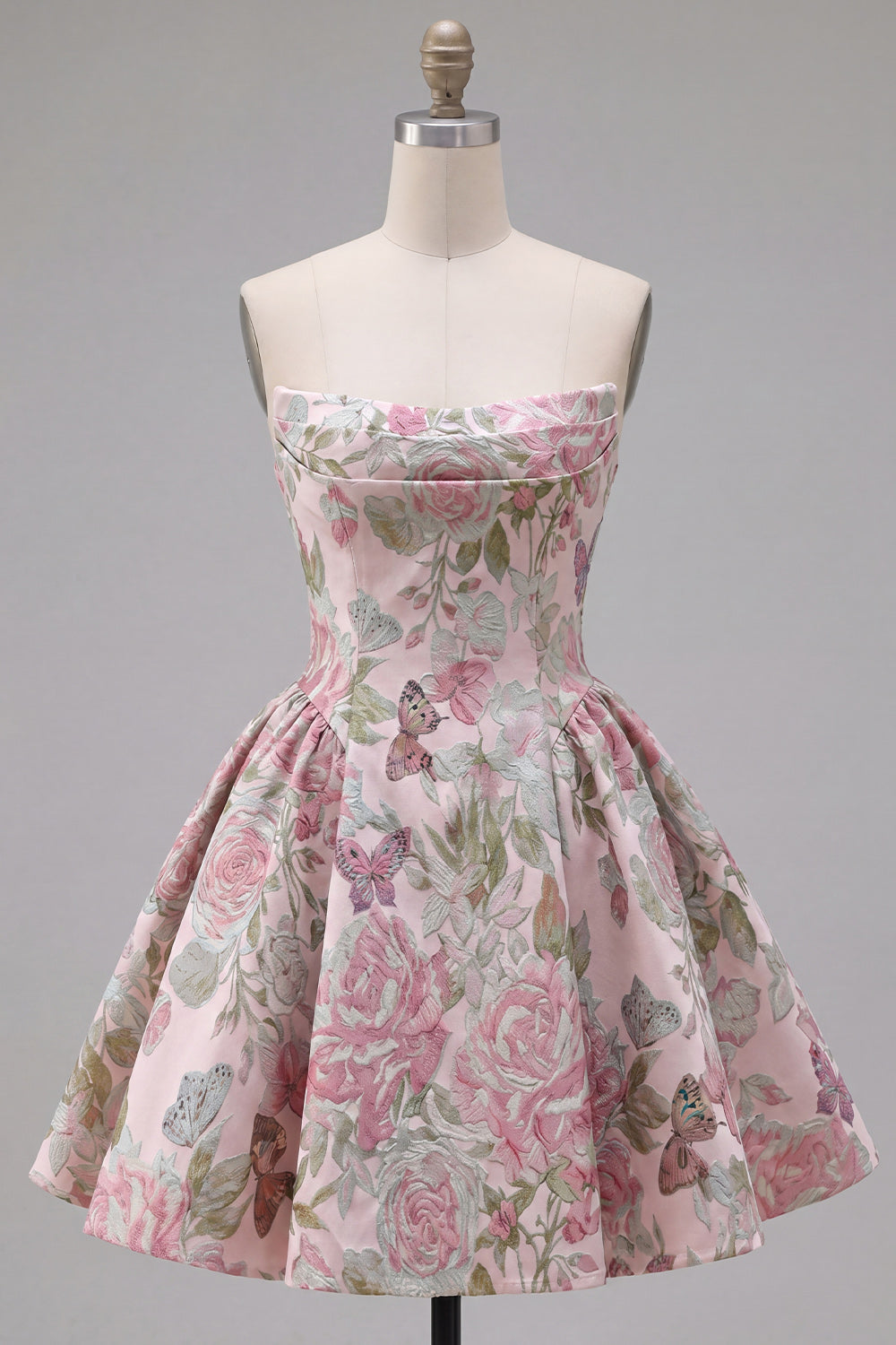 Yellow A Line Strapless Jacquard Ruched Short Homecoming Dress