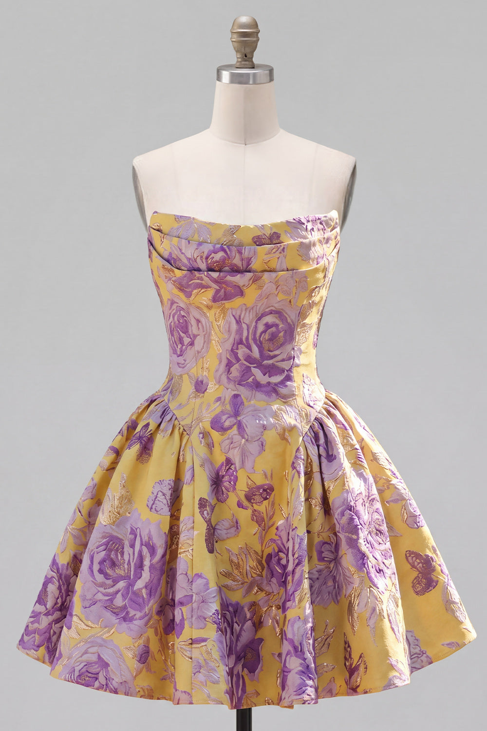 Yellow A Line Strapless Jacquard Ruched Short Homecoming Dress