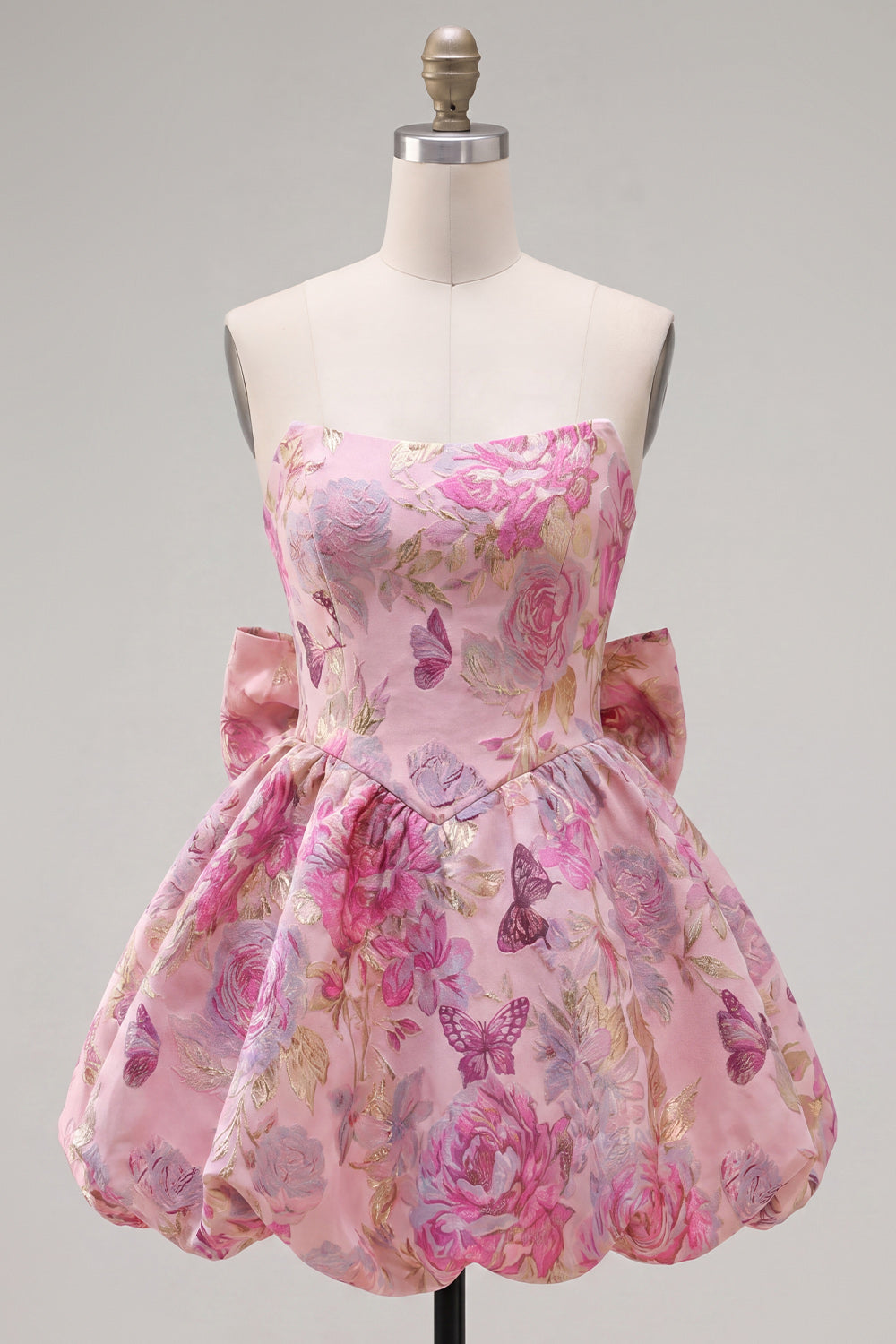 Pink A Line Jacquard Strapless Short Homecoming Dress with Bow