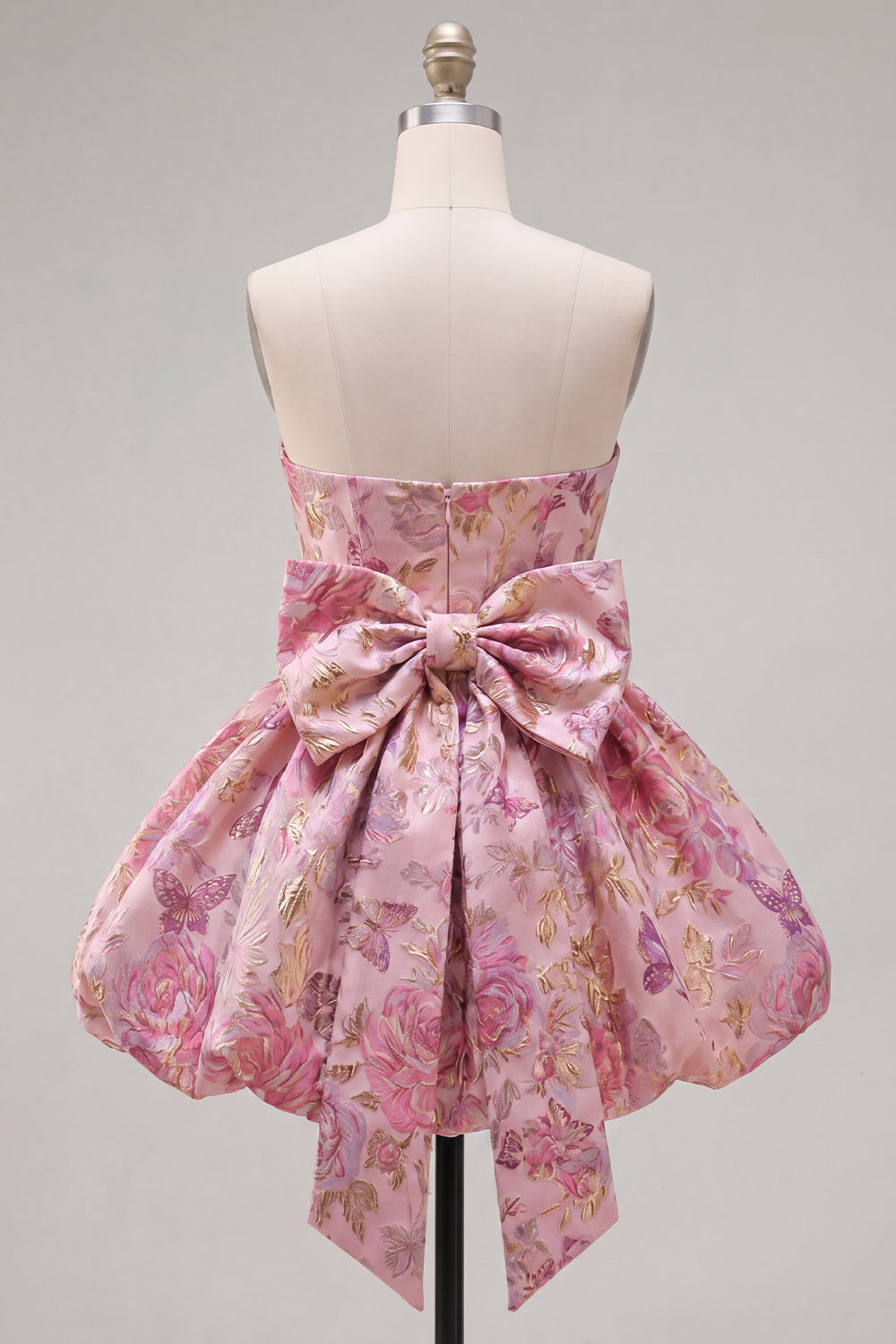 Pink A Line Jacquard Strapless Short Homecoming Dress with Bow