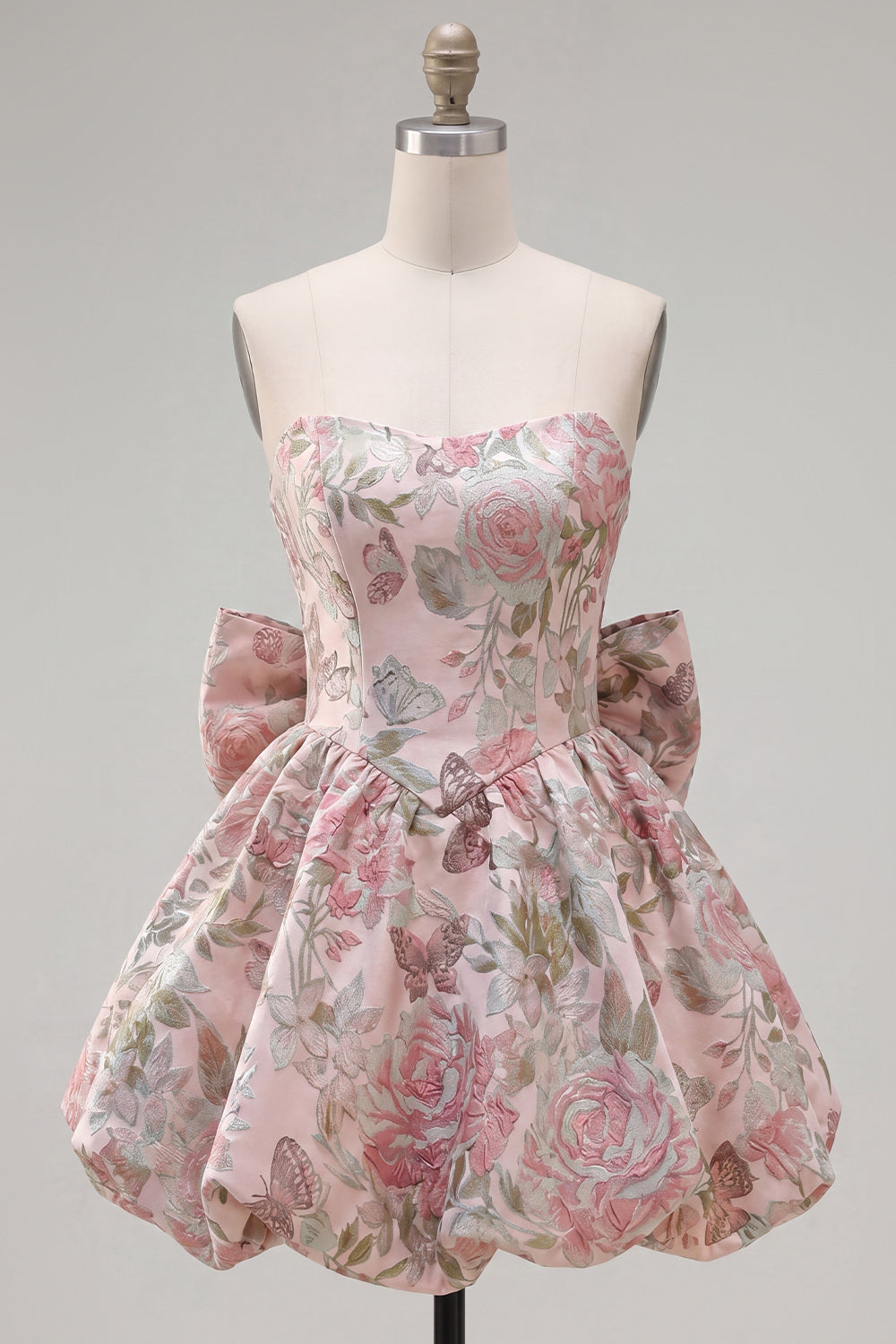 Pink A Line Jacquard Strapless Short Homecoming Dress with Bow
