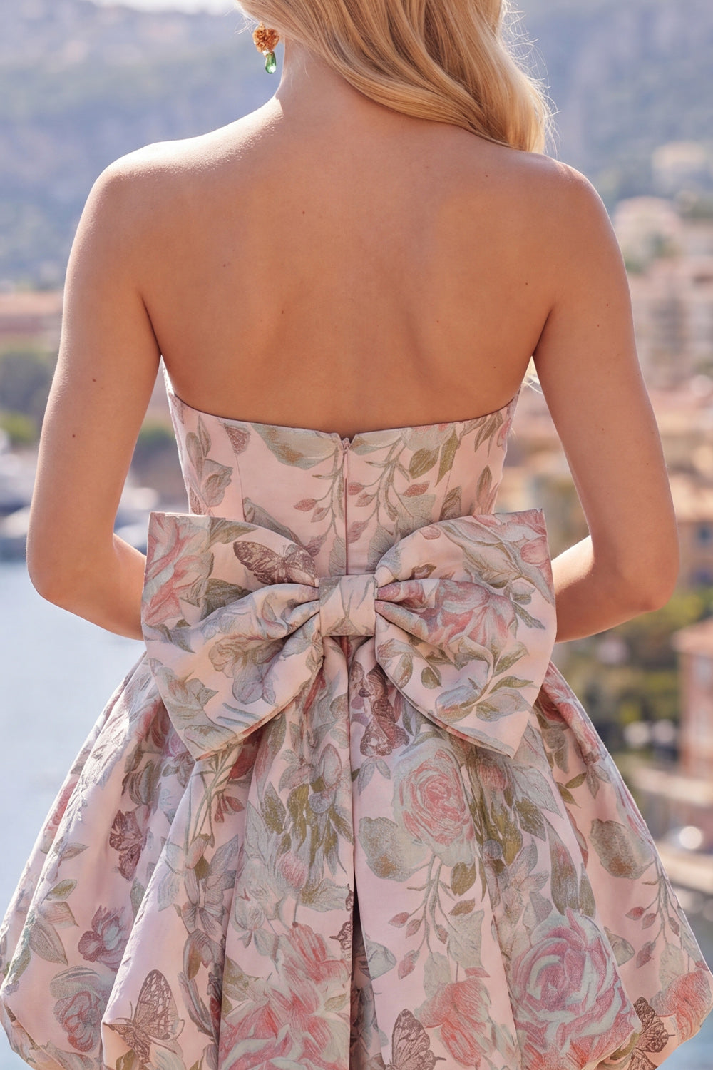 Pink A Line Jacquard Strapless Short Homecoming Dress with Bow