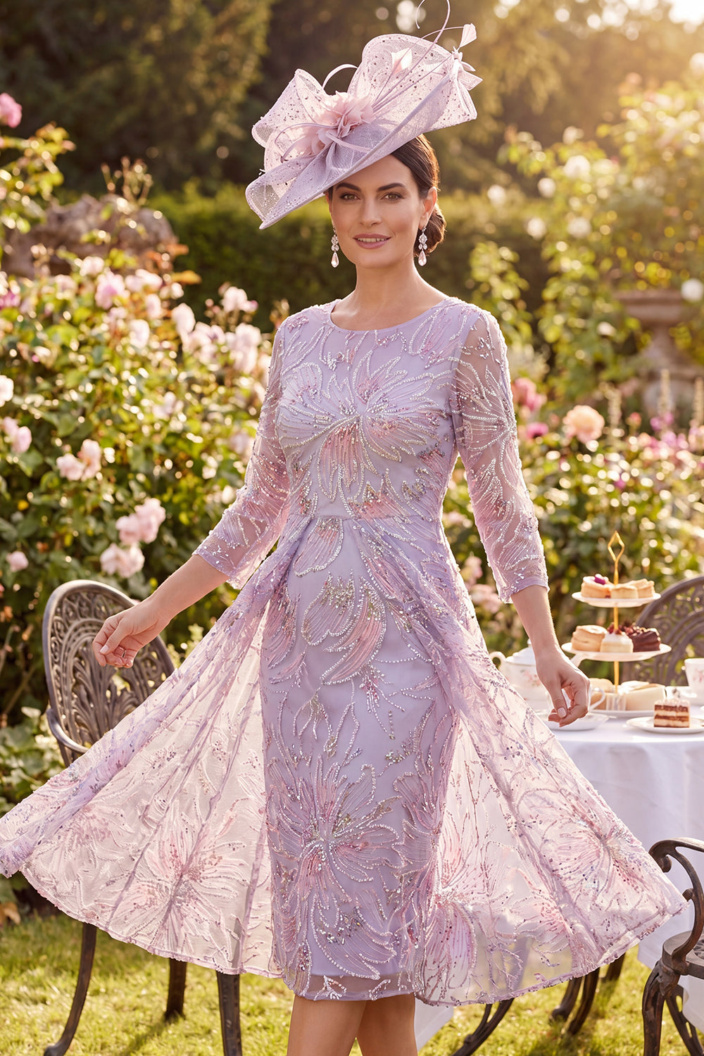 Sparkly Lilac Bodycon Floral Beaded Midi Wedding Guest Dress with Cape