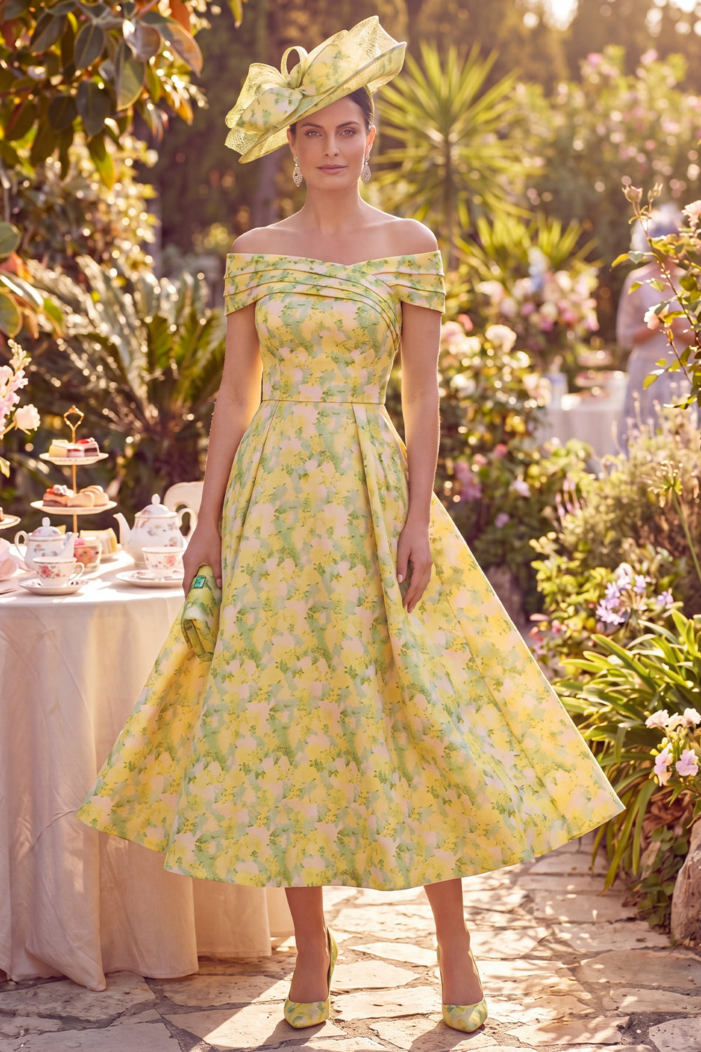 Butter Yellow A Line Floral Off the Shoulder Maxi Wedding Guest Dress