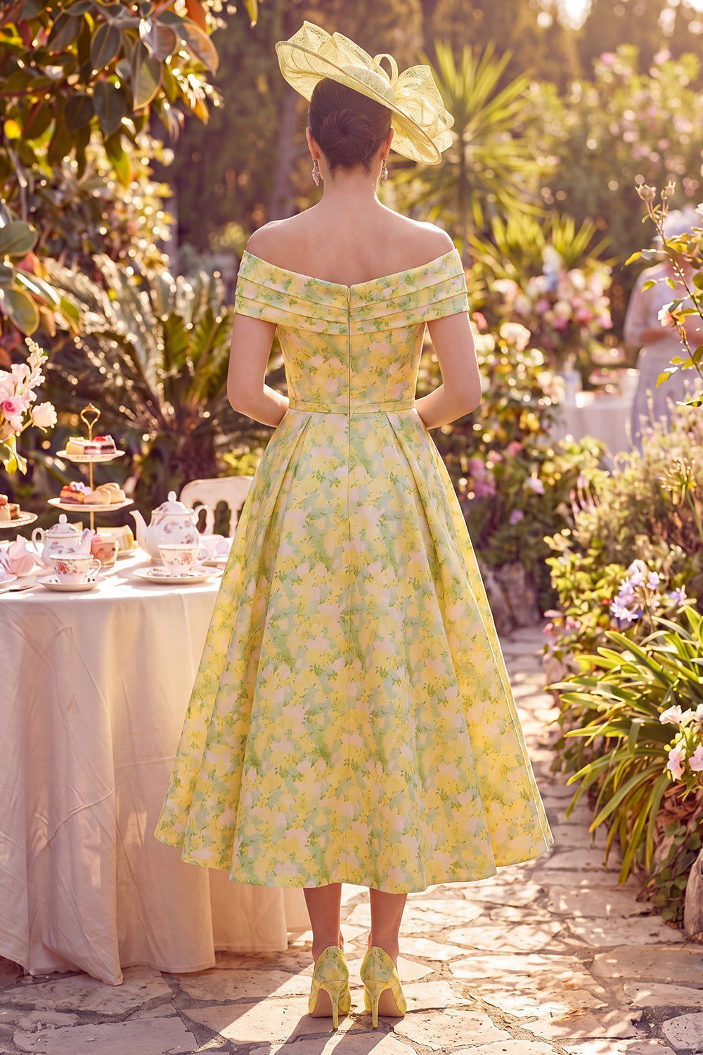 Butter Yellow A Line Floral Off the Shoulder Maxi Wedding Guest Dress