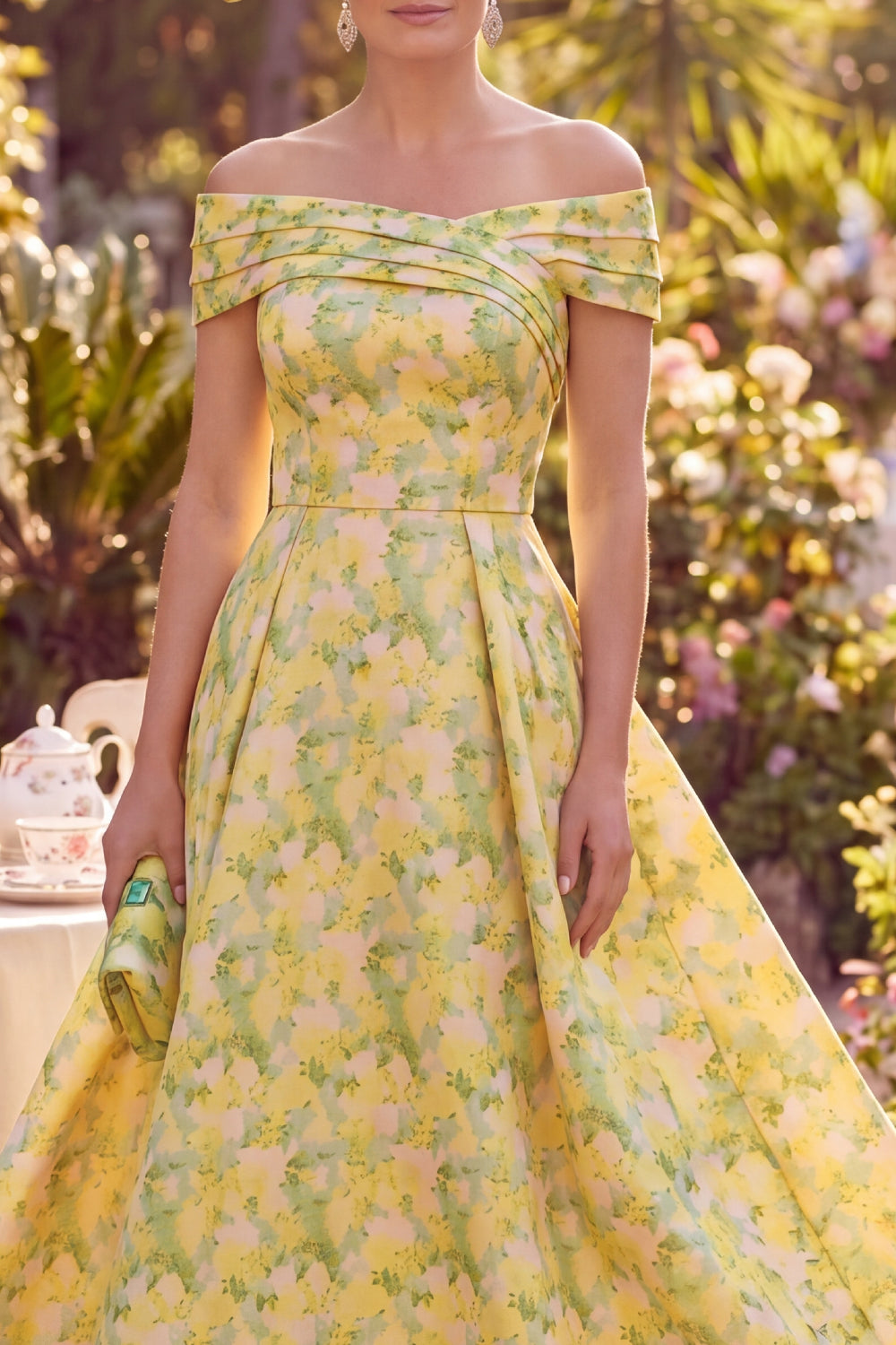 Butter Yellow A Line Floral Off the Shoulder Maxi Wedding Guest Dress