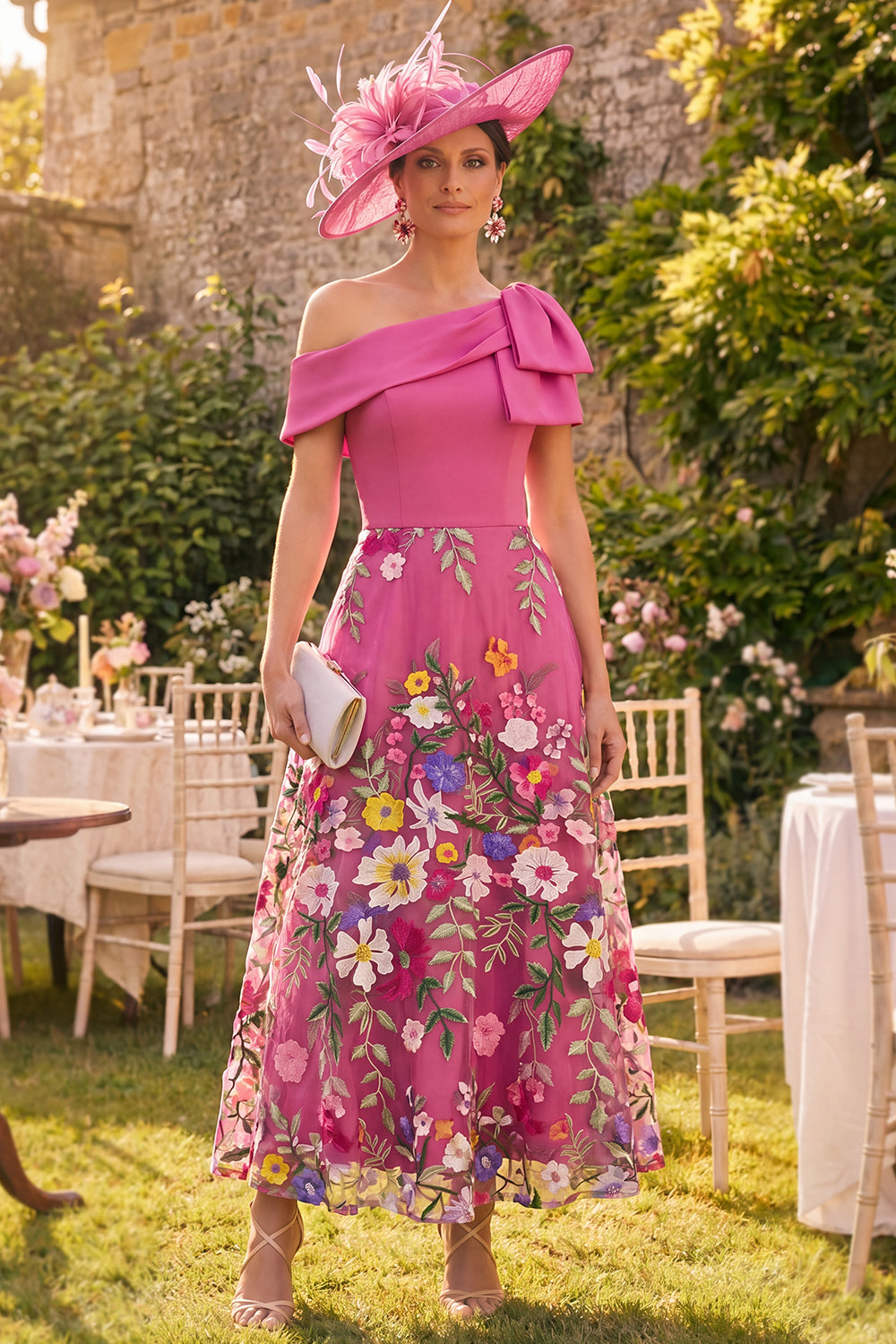 Fuchsia A Line Floral One Shoulder Maxi Wedding Guest Dress with Appliques