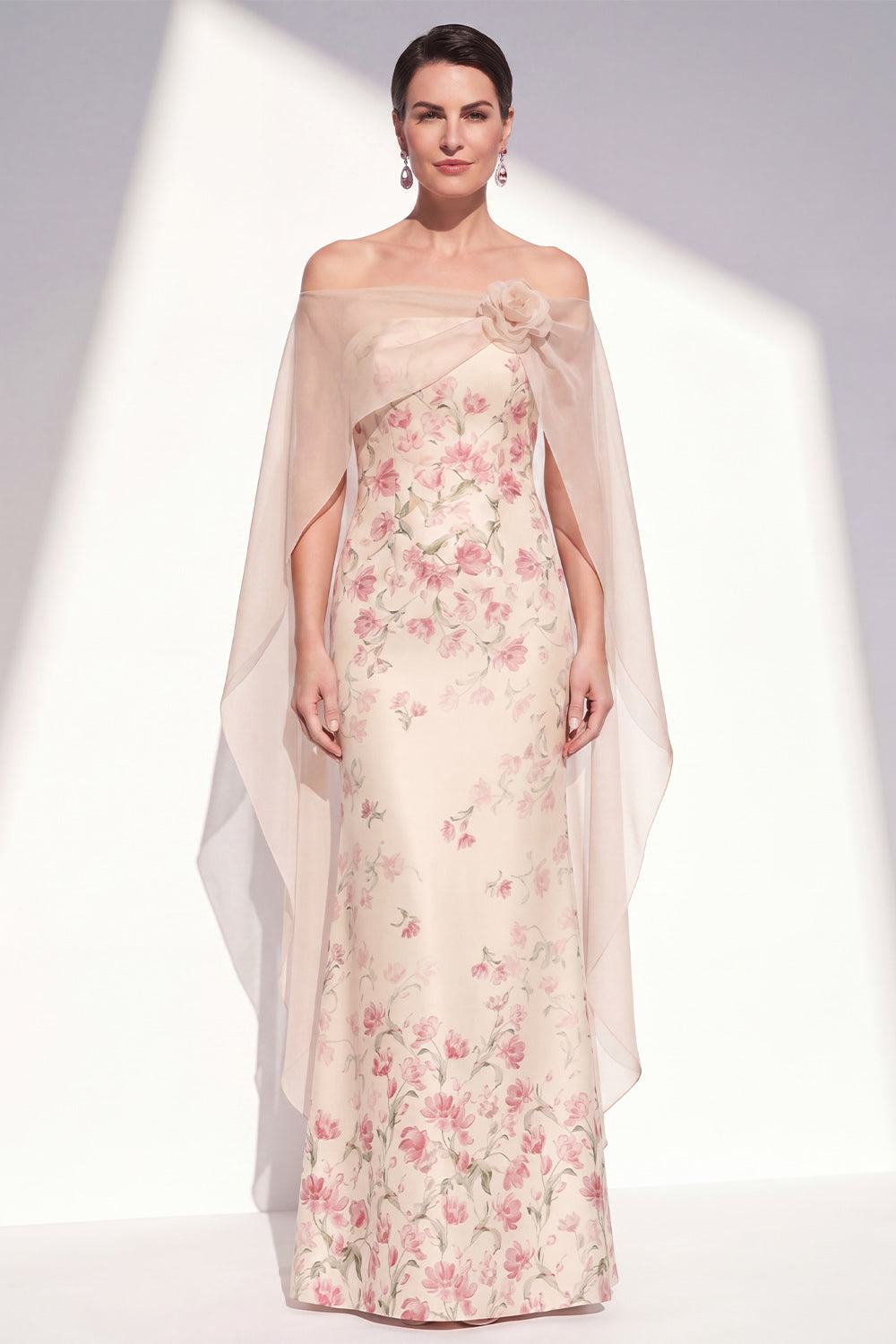 Apricot Strapless Mermaid Floral Long Wedding Guest Dress with Cape