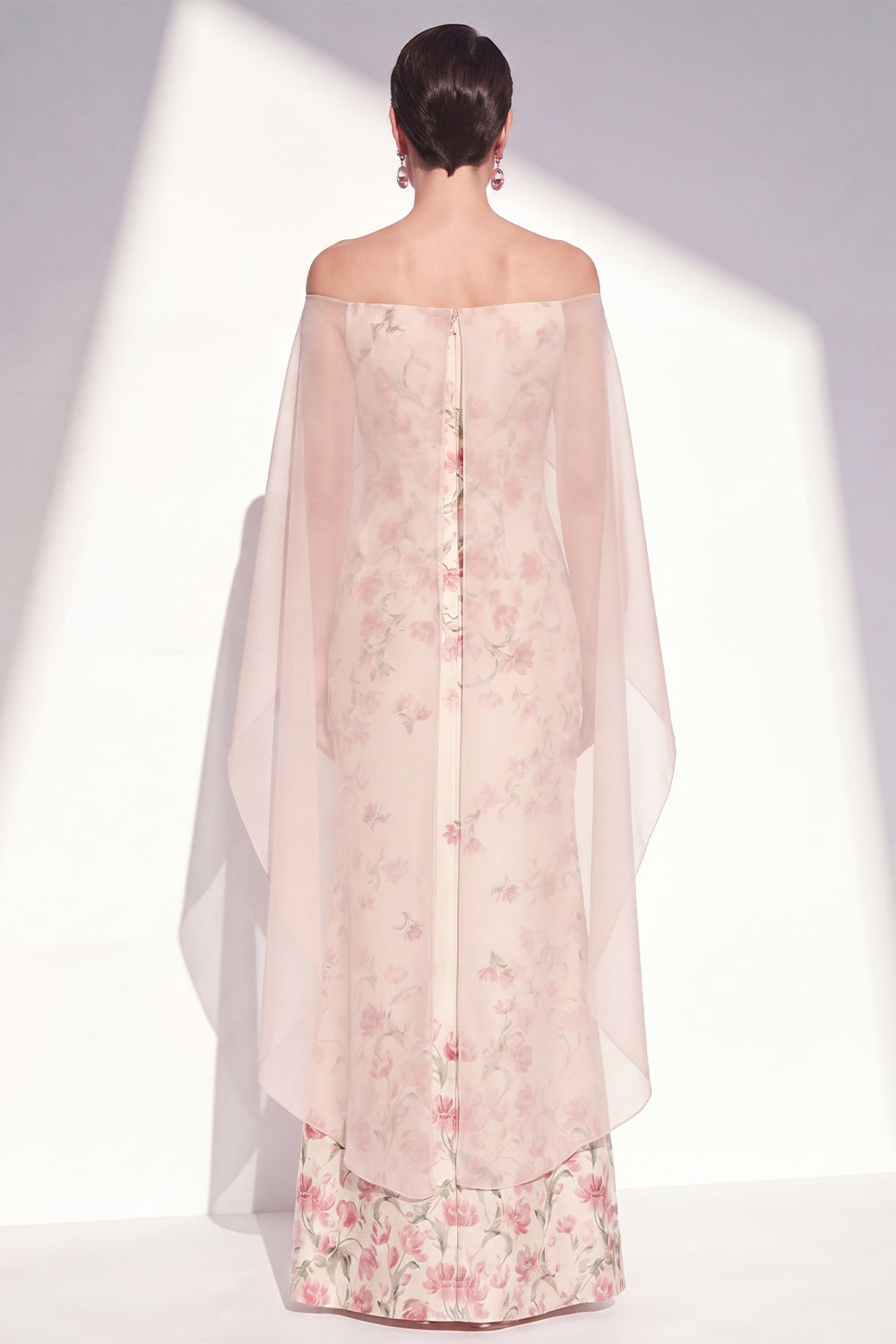 Apricot Strapless Mermaid Floral Long Wedding Guest Dress with Cape