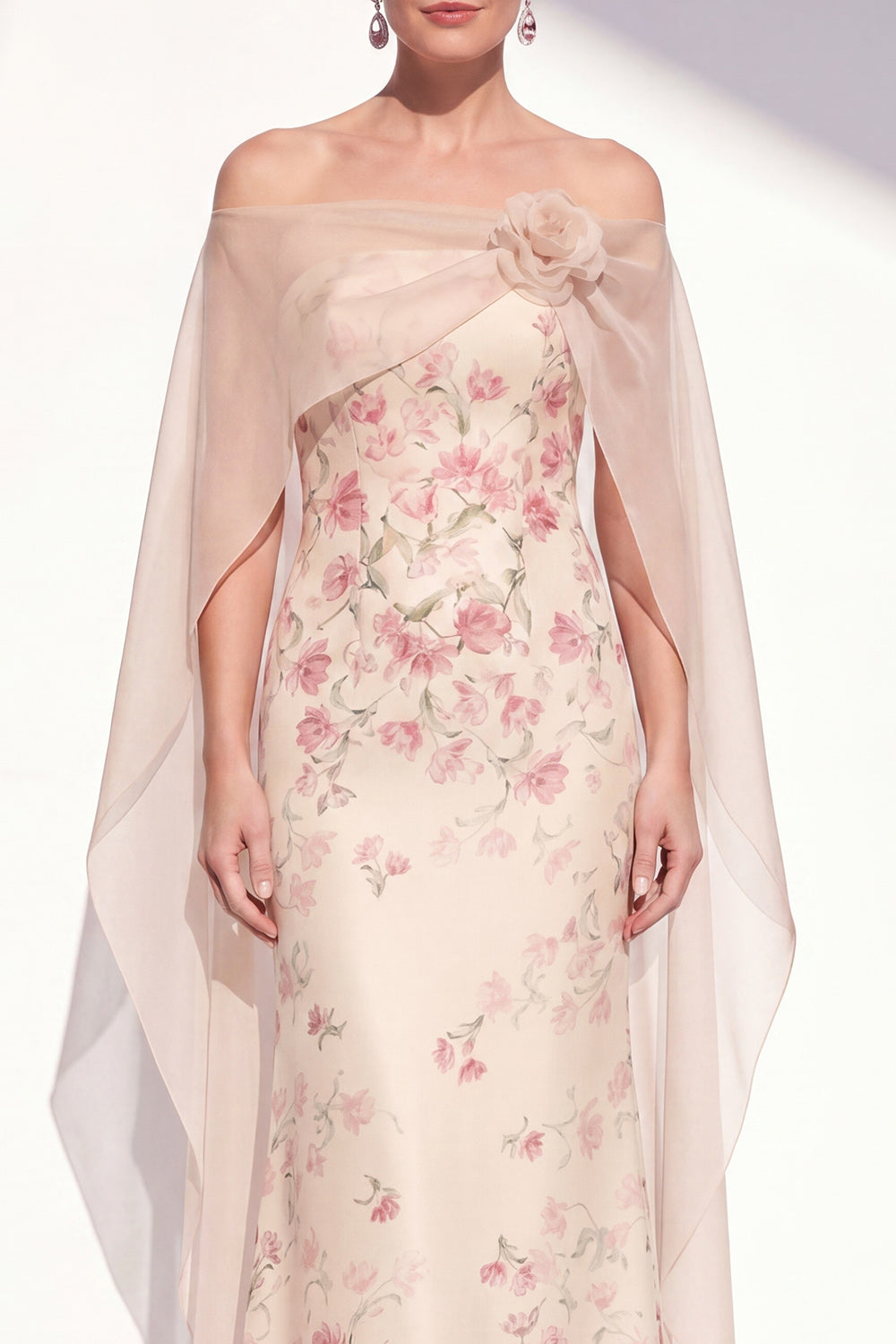 Apricot Strapless Mermaid Floral Long Wedding Guest Dress with Cape