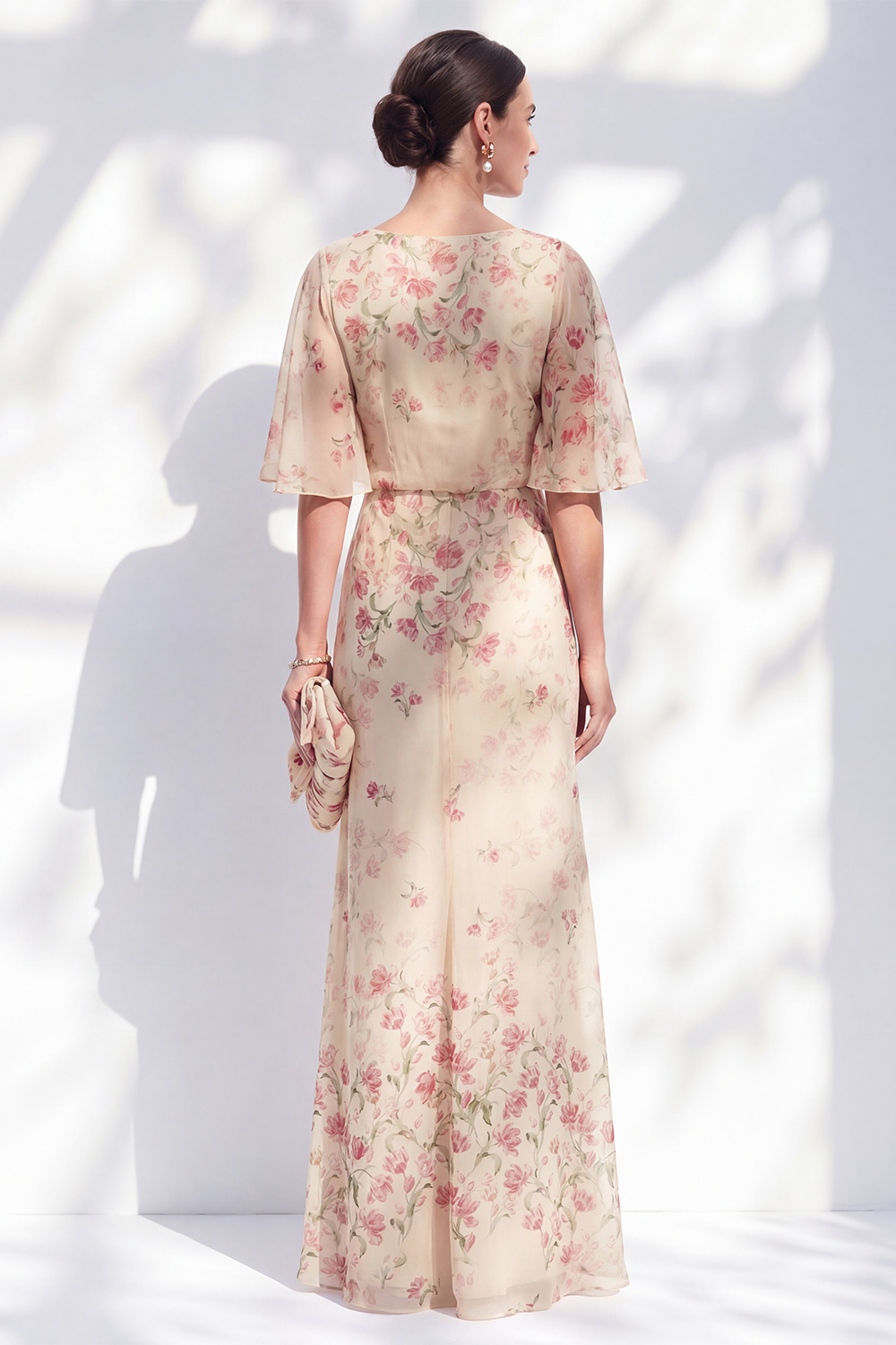 Blue Floral Sheath Boat Neck Ruffled Long Wedding Guest Dress with Sleeves