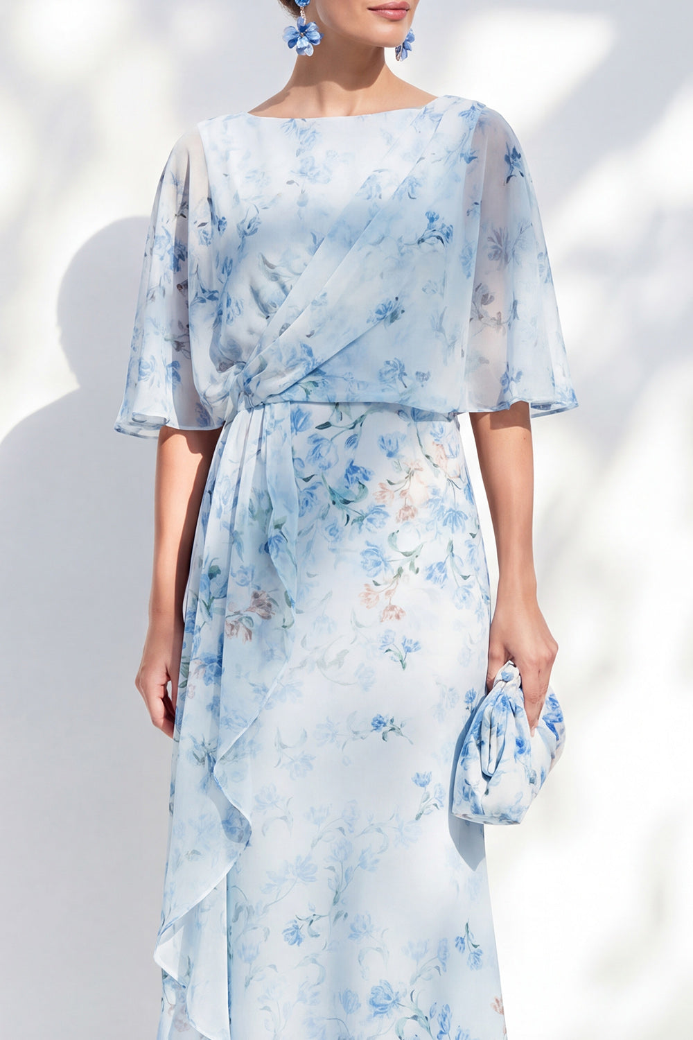 Blue Floral Sheath Boat Neck Ruffled Long Wedding Guest Dress with Sleeves