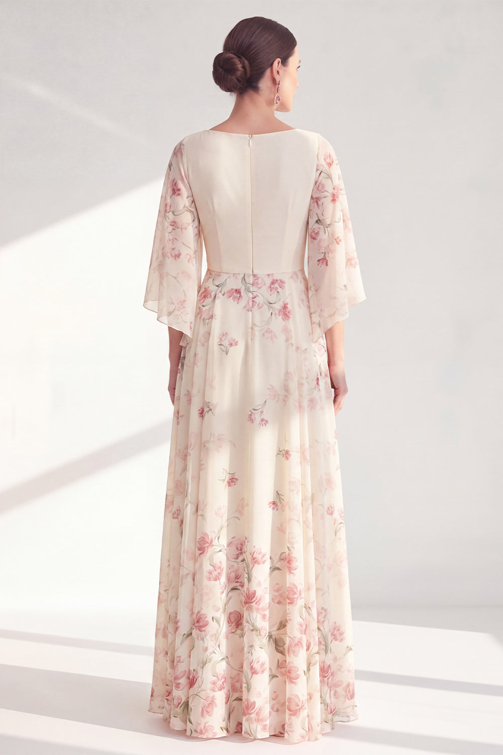 Apricot A Line Round Neck Floral Long Wedding Guest Dress with Sleeves