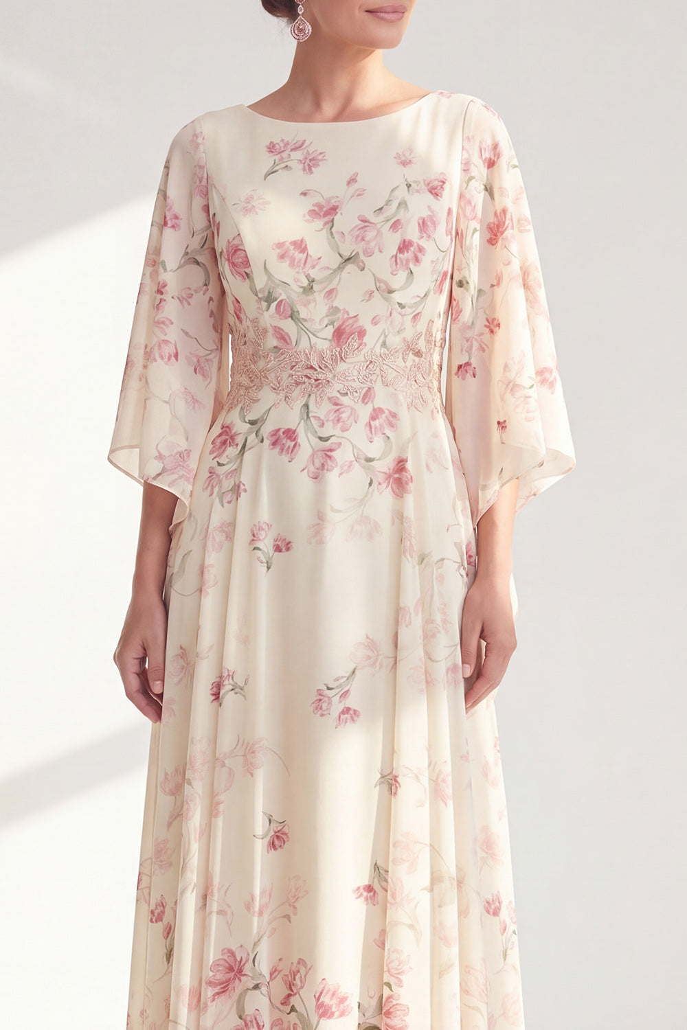 Apricot A Line Round Neck Floral Long Wedding Guest Dress with Sleeves