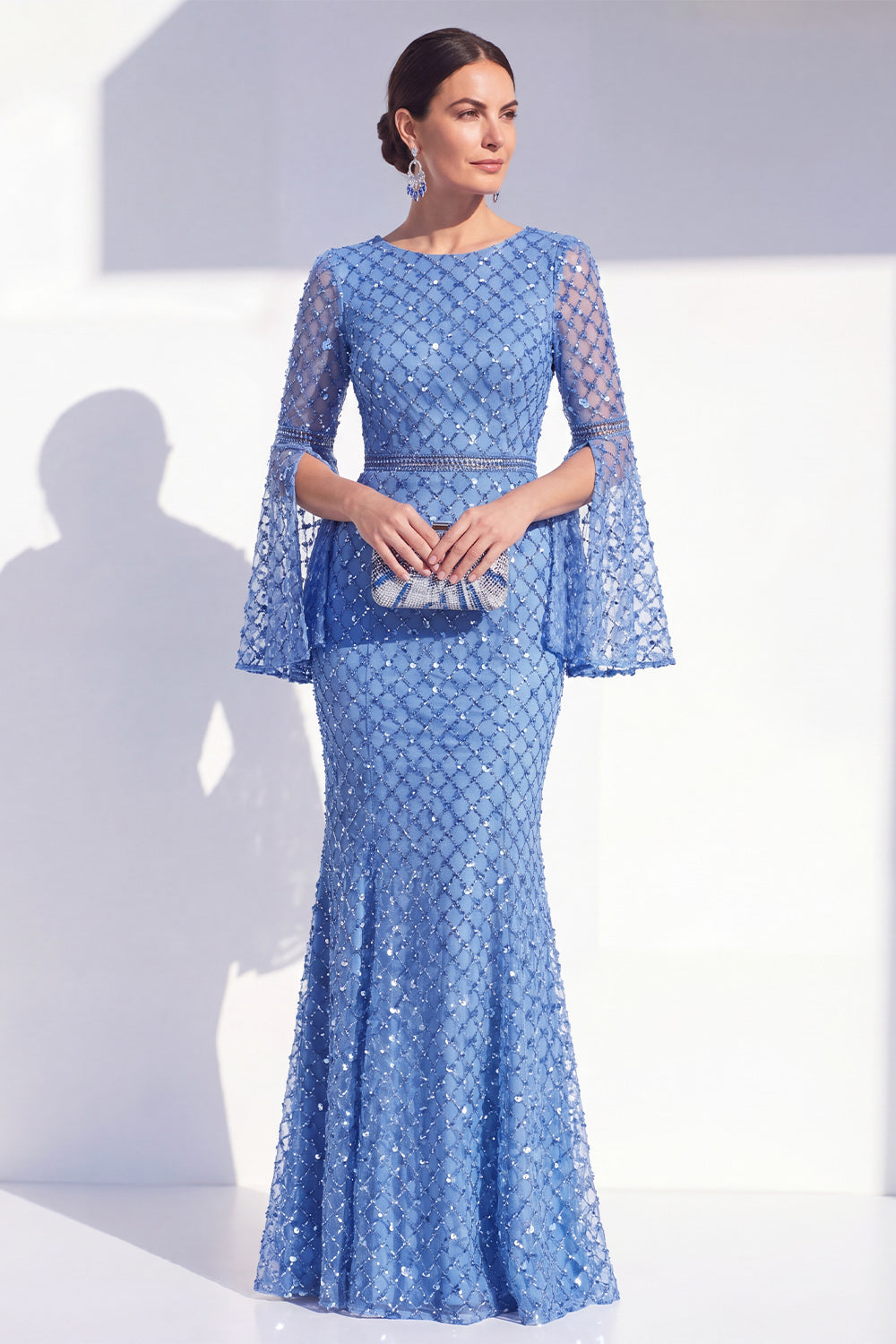 Sparkly Blue Mermaid Beaded Round Neck Long Wedding Guest Dress with Sleeves
