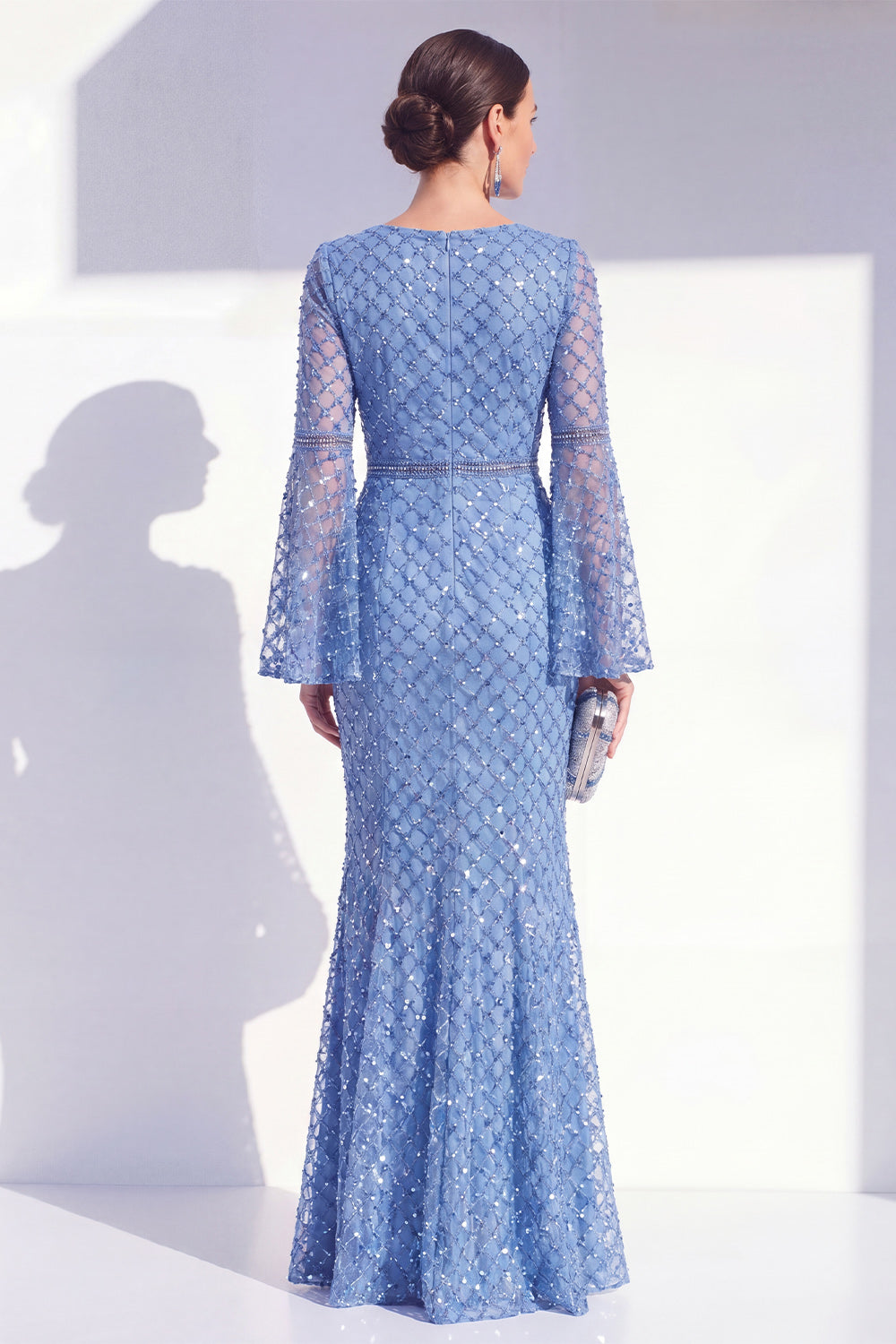 Sparkly Blue Mermaid Beaded Round Neck Long Wedding Guest Dress with Sleeves