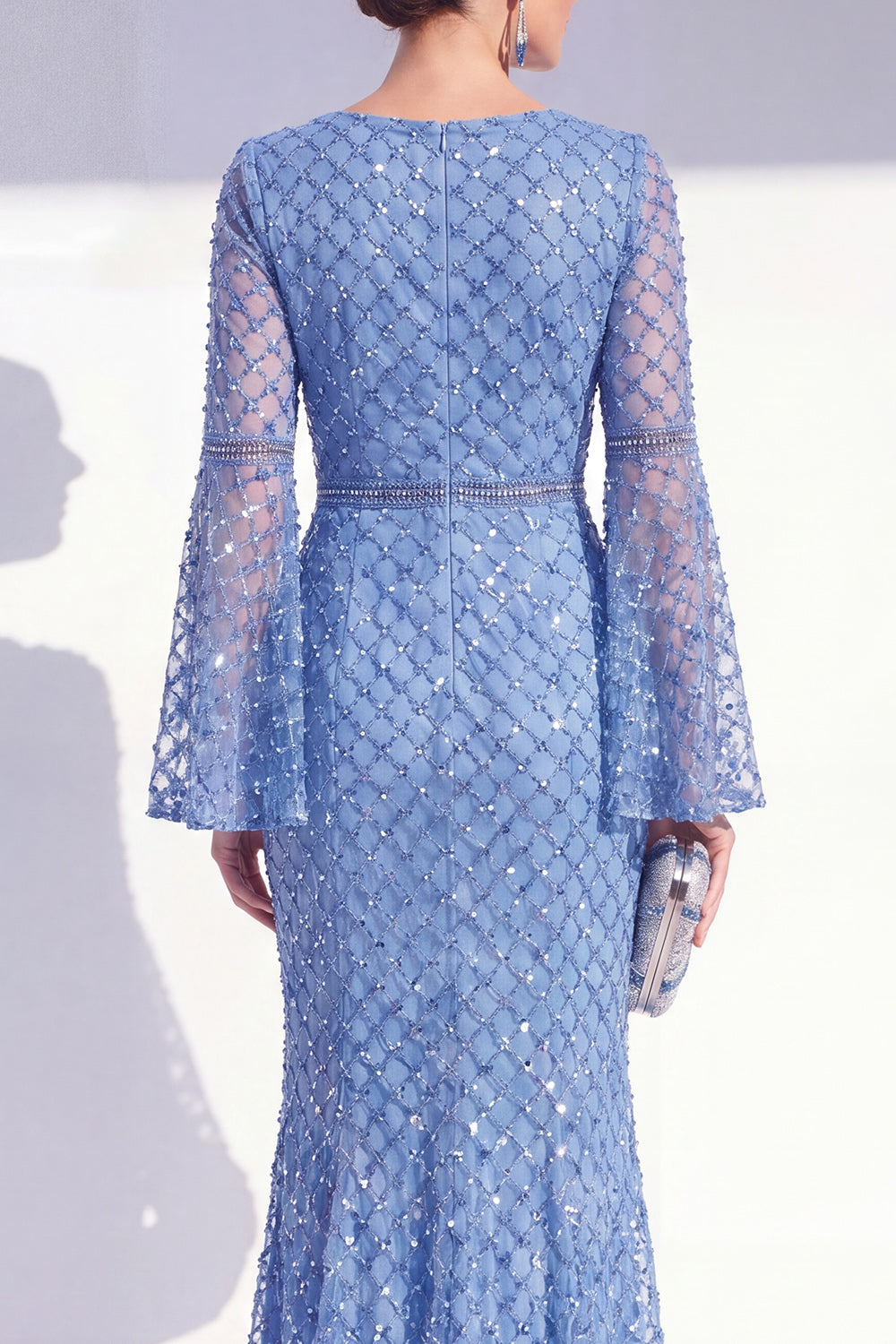 Sparkly Blue Mermaid Beaded Round Neck Long Wedding Guest Dress with Sleeves