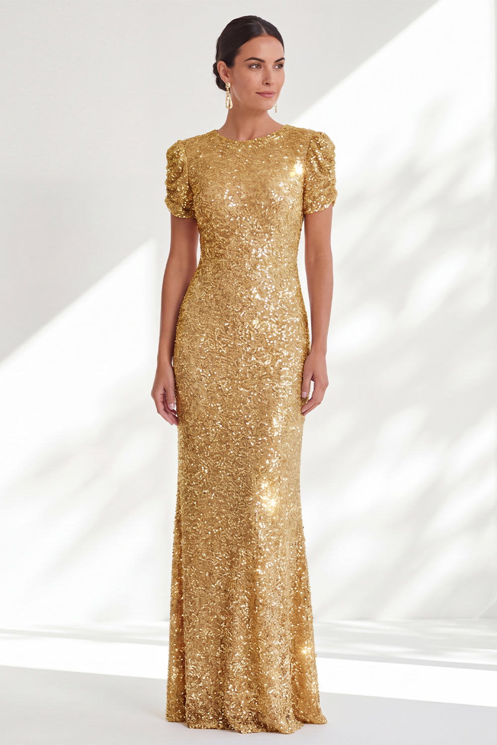 Sparkly Golden Round Neck Mermaid Sequins Long Wedding Guest Dress with Sleeves