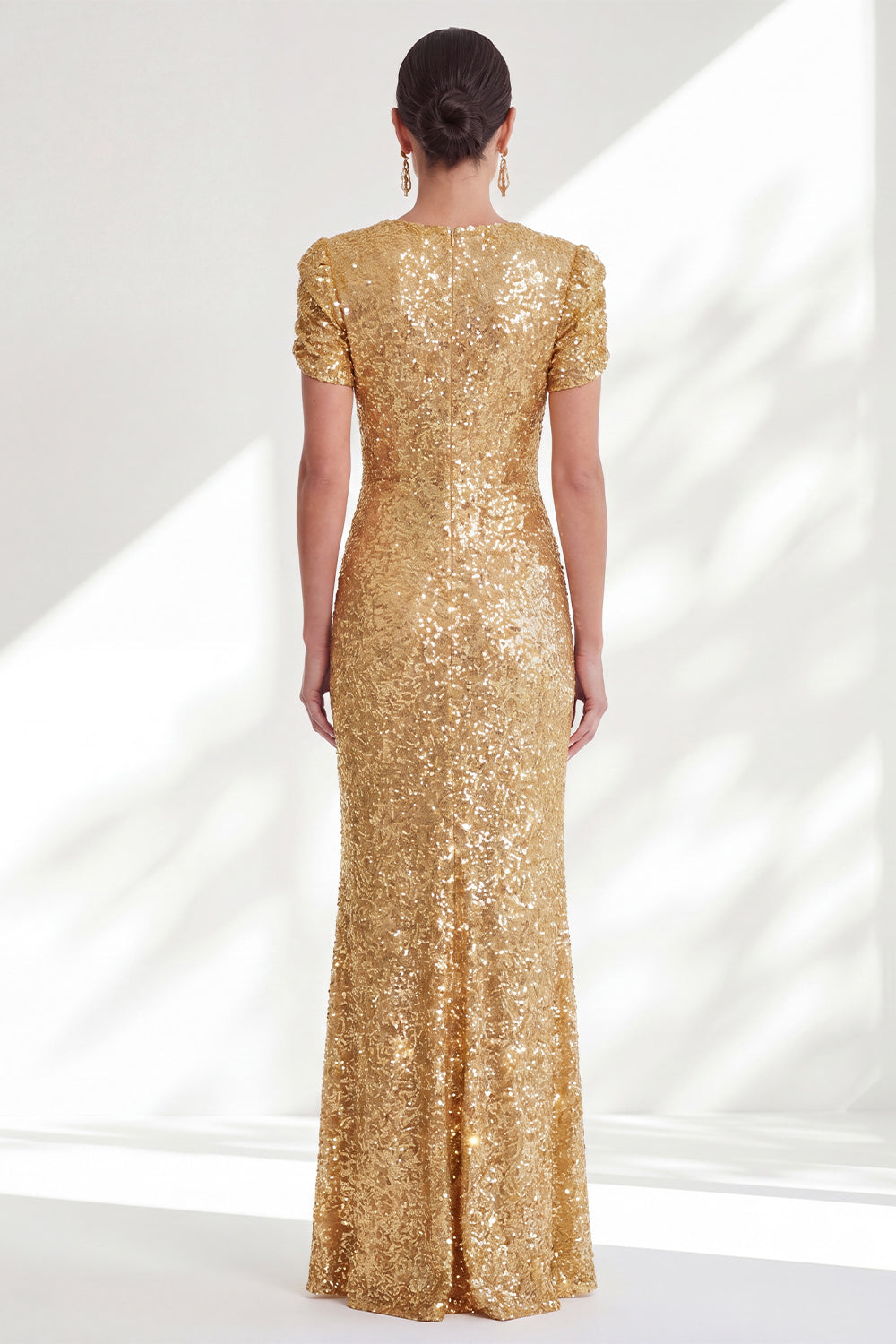 Sparkly Golden Round Neck Mermaid Sequins Long Wedding Guest Dress with Sleeves