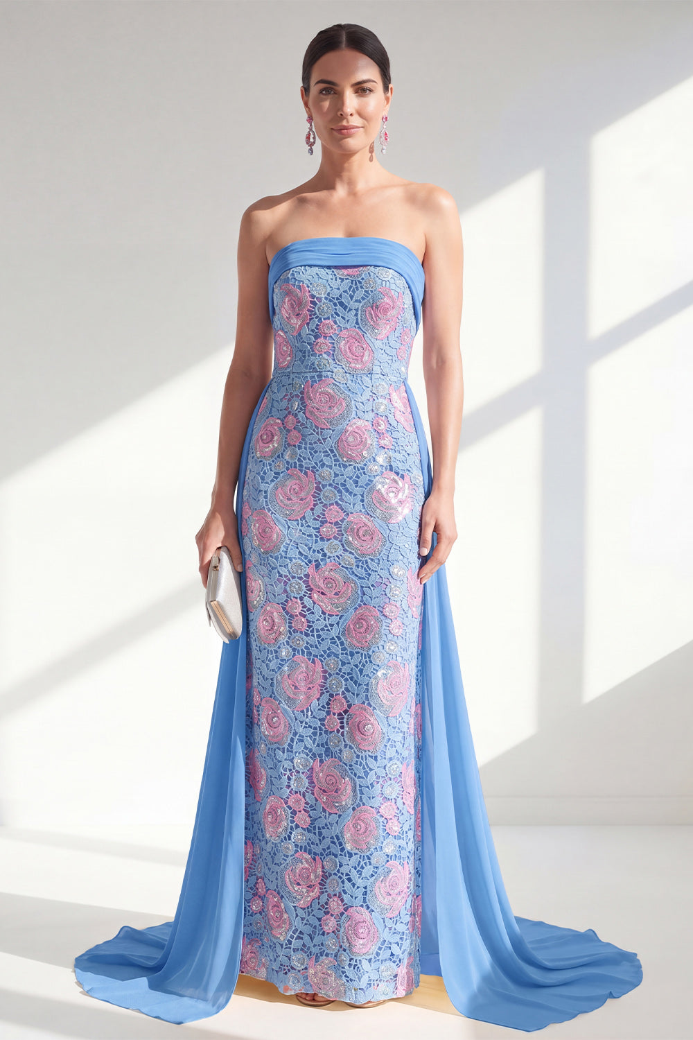 Sparkly Blue Sheath Strapless Floral Lace Long BWedding Guest Dress with Cape