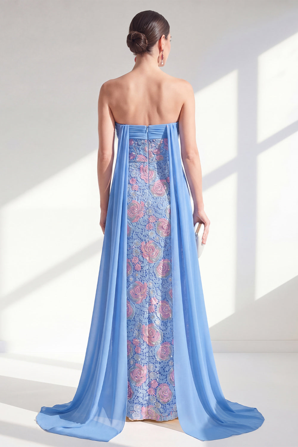 Sparkly Blue Sheath Strapless Floral Lace Long BWedding Guest Dress with Cape