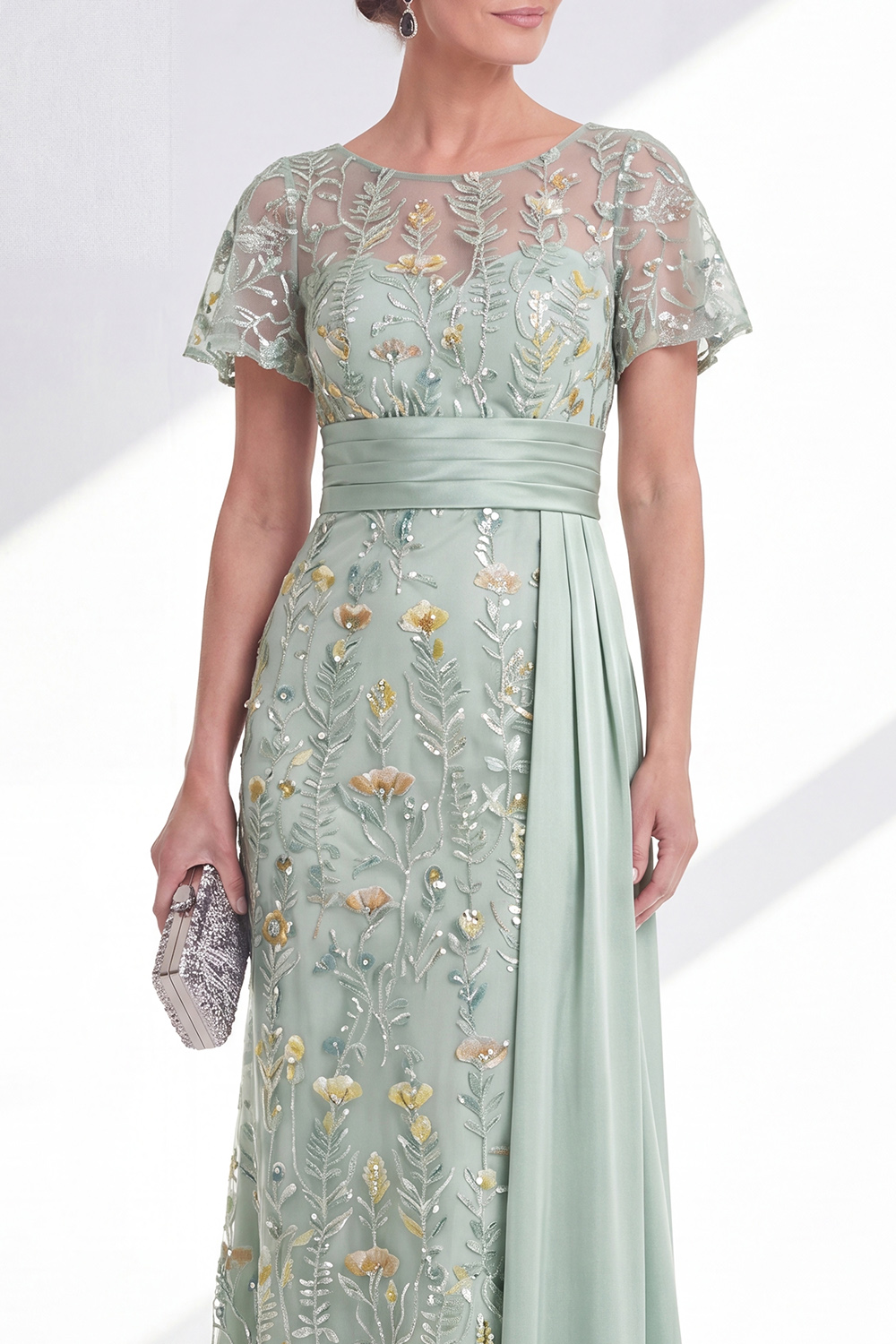 Floral Round Neck Green Mermaid Long Wedding Guest Dress with Side Cape
