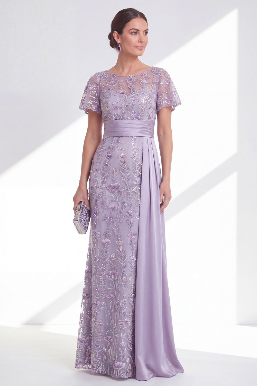 Floral Round Neck Lilac Mermaid Long Wedding Guest Dress with Side Cape