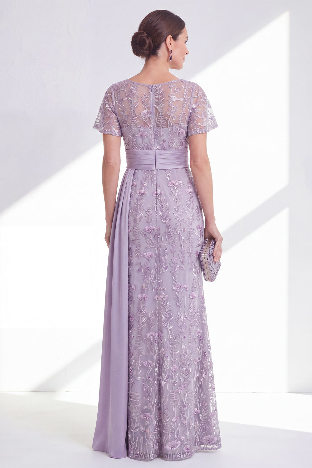 Floral Round Neck Lilac Mermaid Long Wedding Guest Dress with Side Cape
