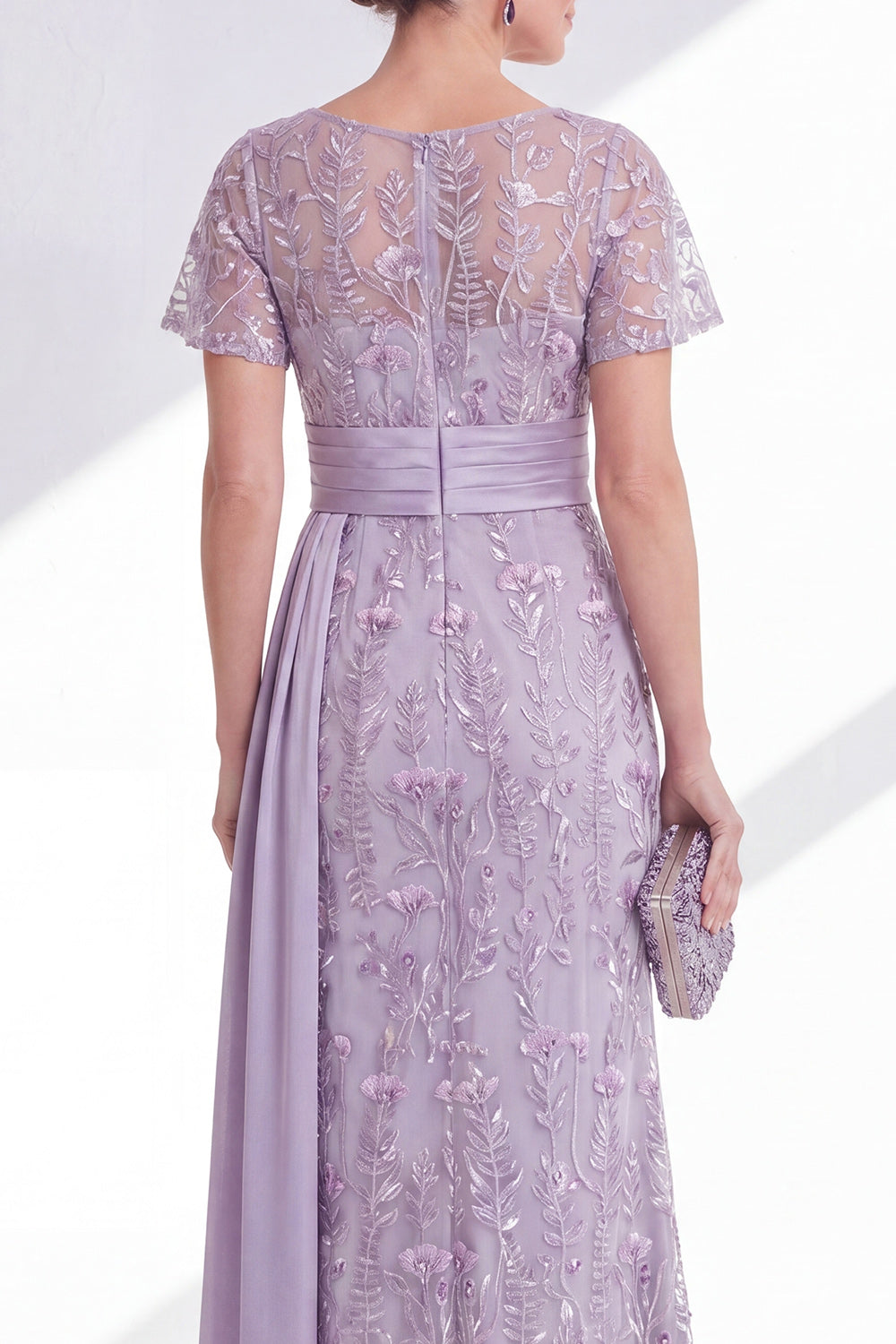 Floral Round Neck Lilac Mermaid Long Wedding Guest Dress with Side Cape