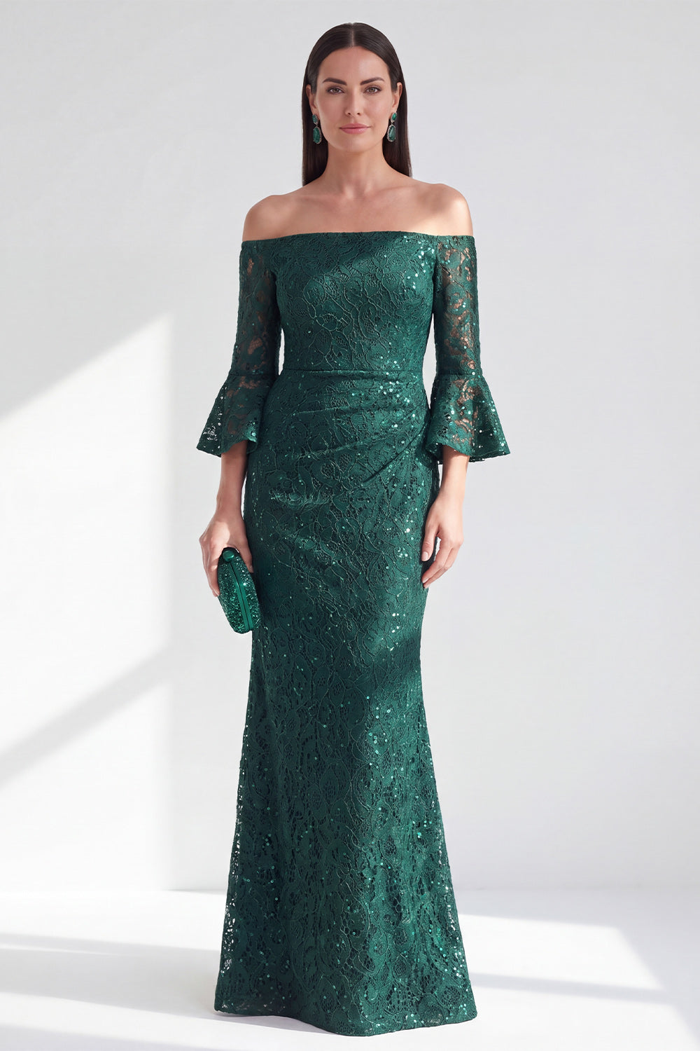 Sparkly Dark Green Mermaid Lace Long Wedding Guest Dress with Sequins
