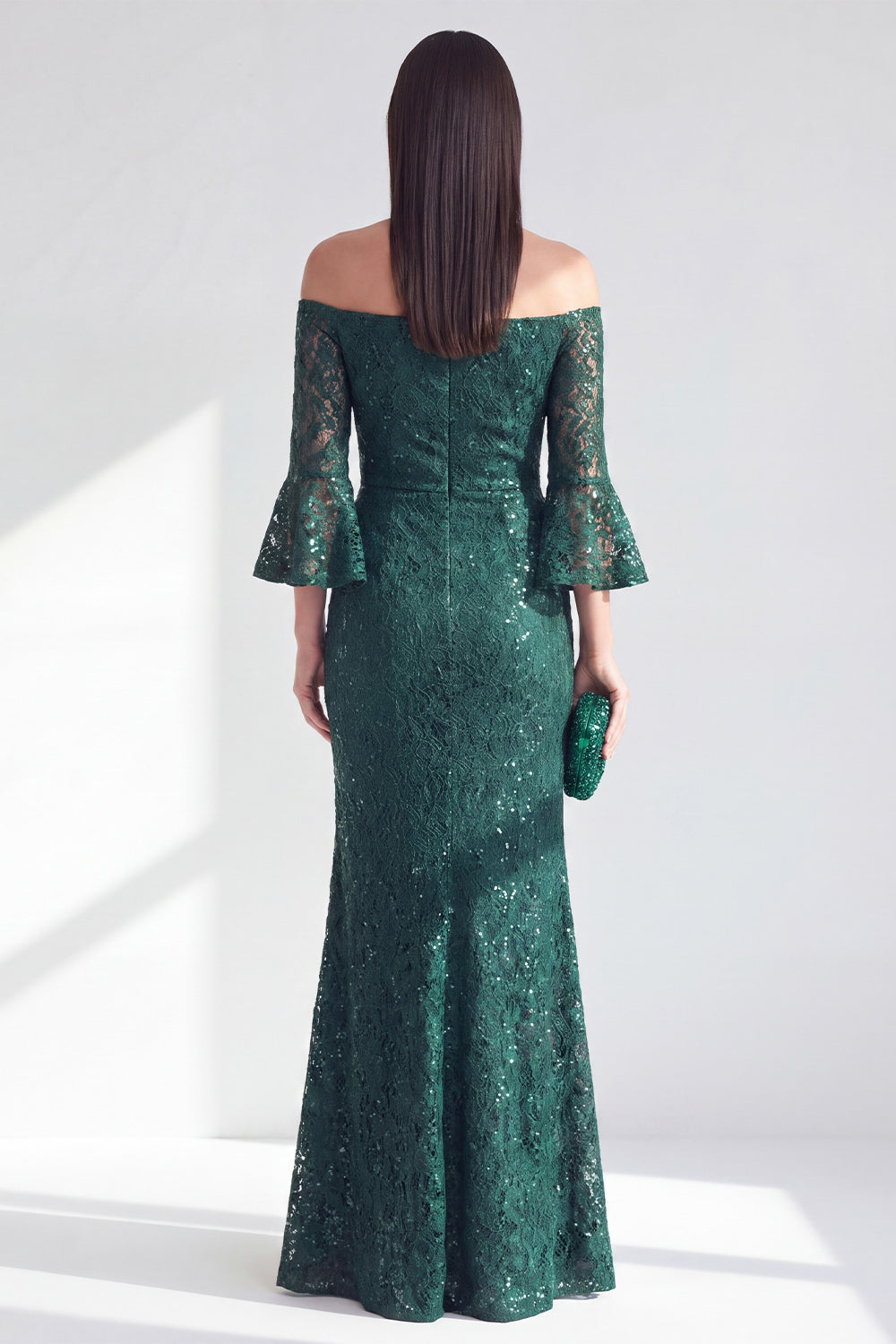 Sparkly Dark Green Mermaid Lace Long Wedding Guest Dress with Sequins