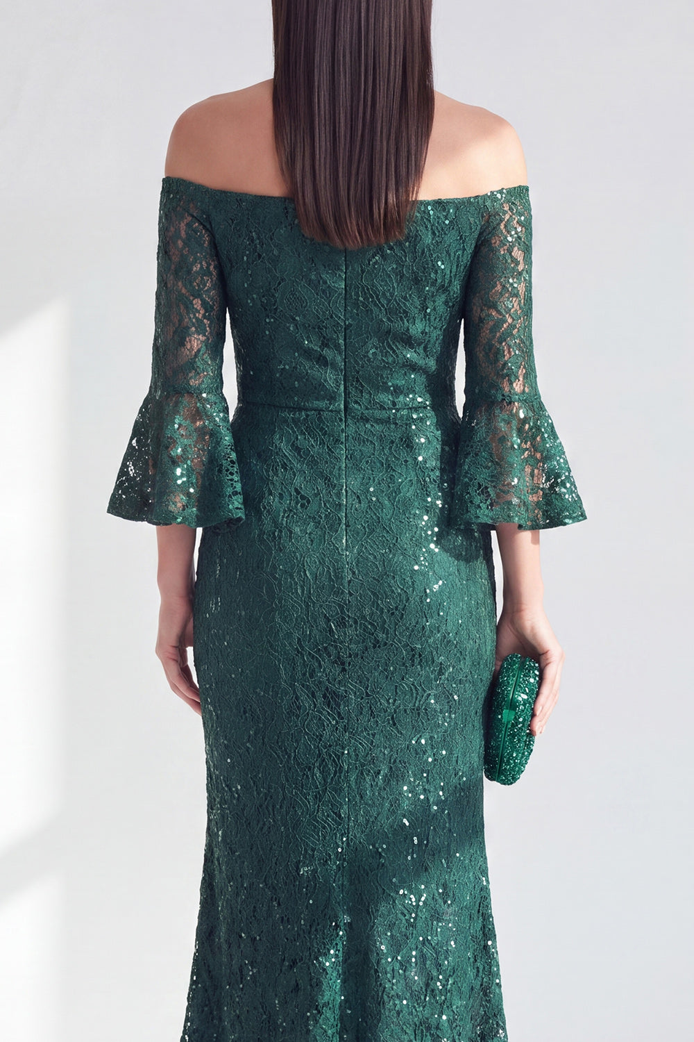 Sparkly Dark Green Mermaid Lace Long Wedding Guest Dress with Sequins