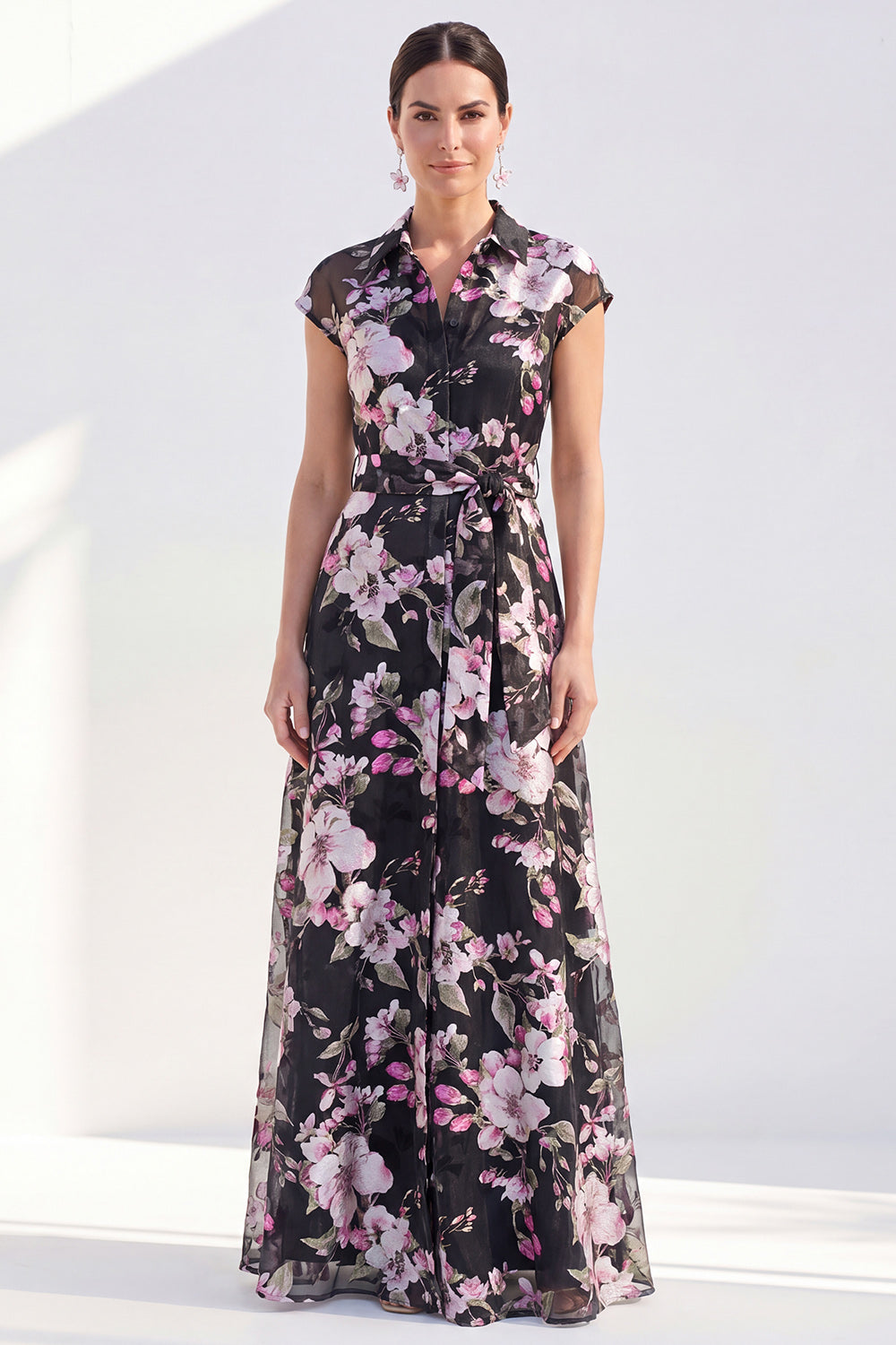 Grey Cap Sleeves A Line Lapel Floral Long Mother of the Bride Dress