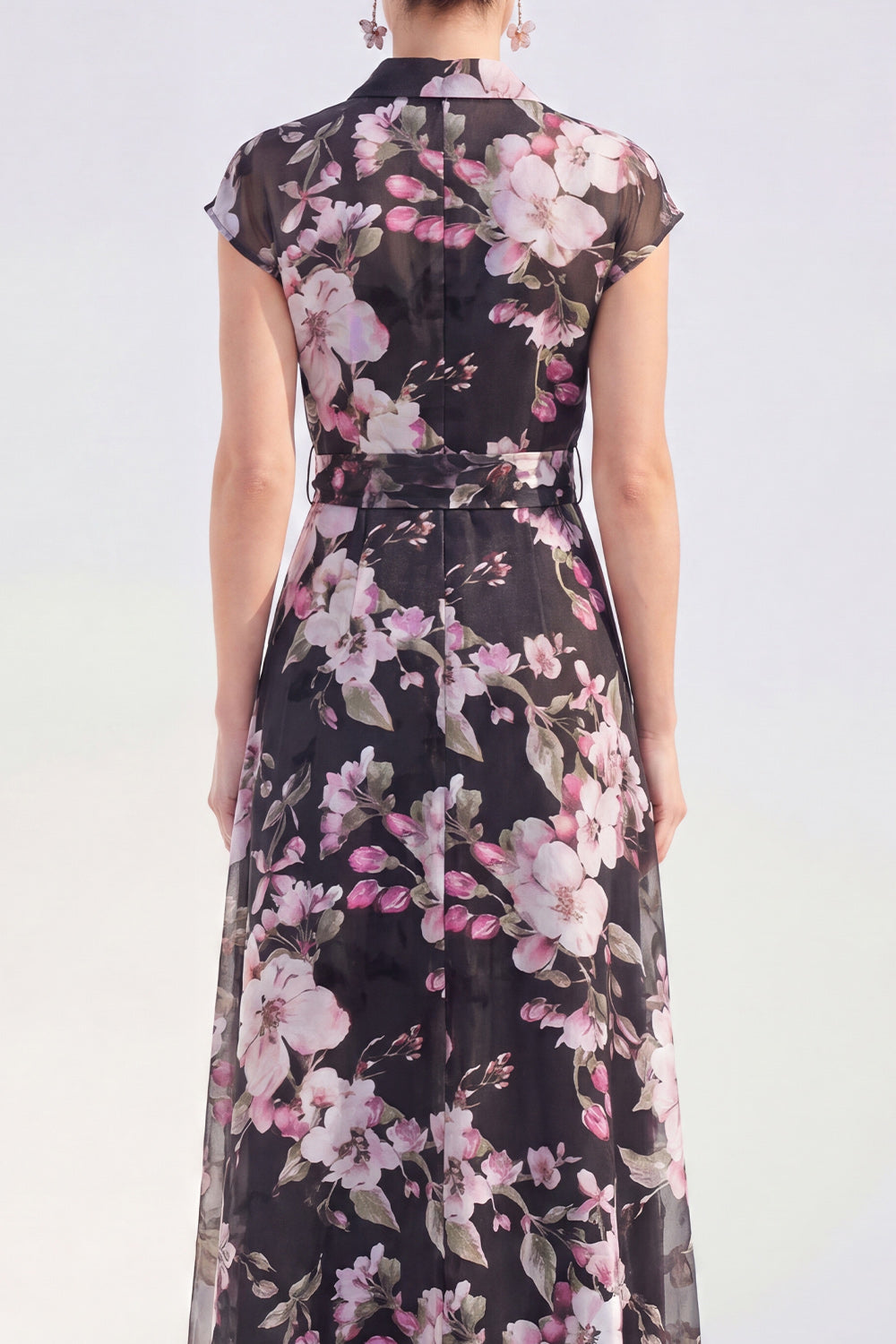 Grey Cap Sleeves A Line Lapel Floral Long Mother of the Bride Dress