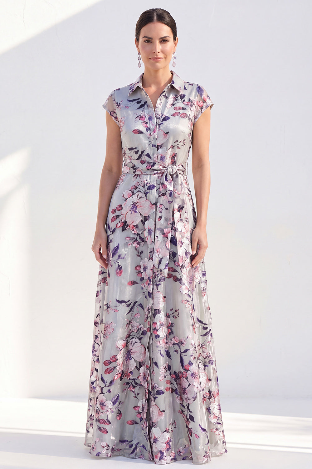 Grey Cap Sleeves A Line Lapel Floral Long Mother of the Bride Dress