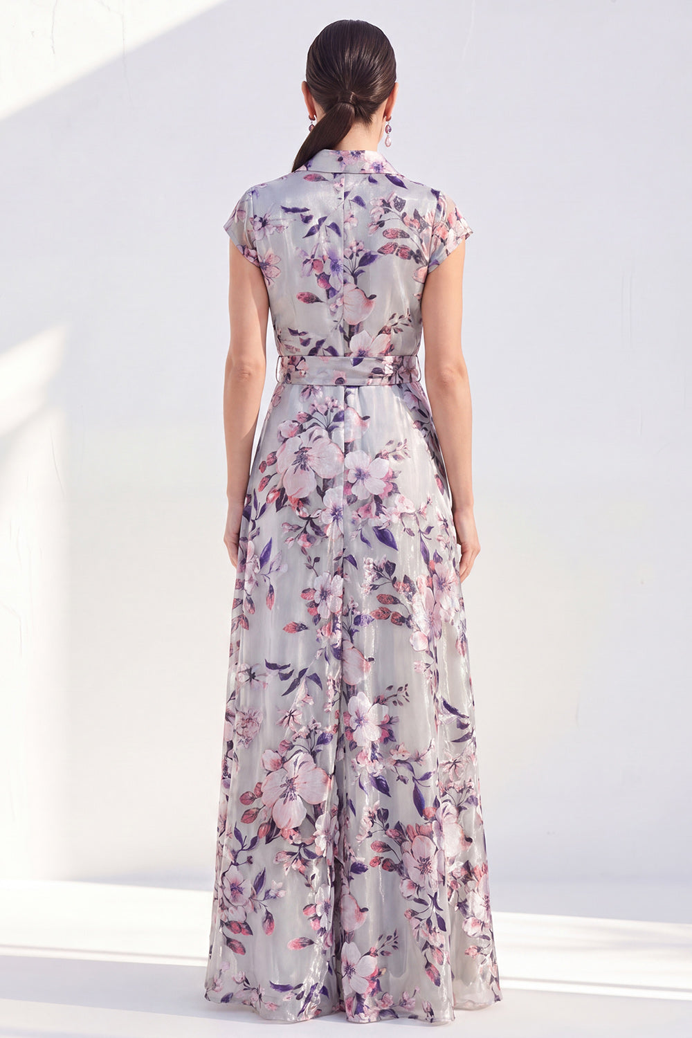 Grey Cap Sleeves A Line Lapel Floral Long Mother of the Bride Dress