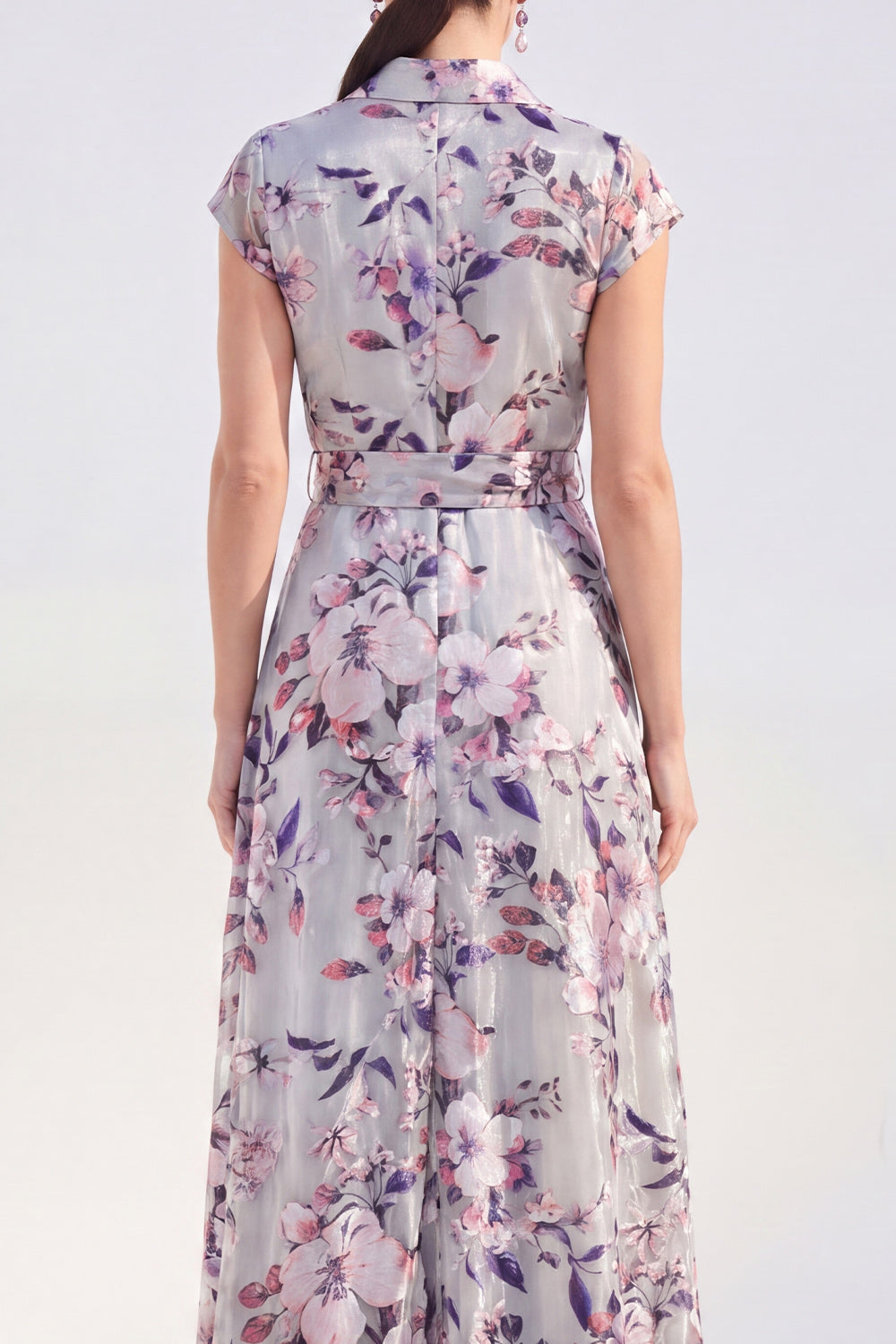 Grey Cap Sleeves A Line Lapel Floral Long Mother of the Bride Dress